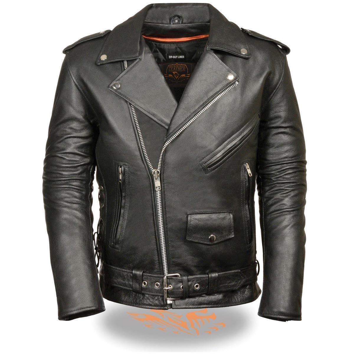 SH1011TALL Black Classic Brando Motorcycle Jacket for Men Made of Cowhide Leather w/ Side Lacing