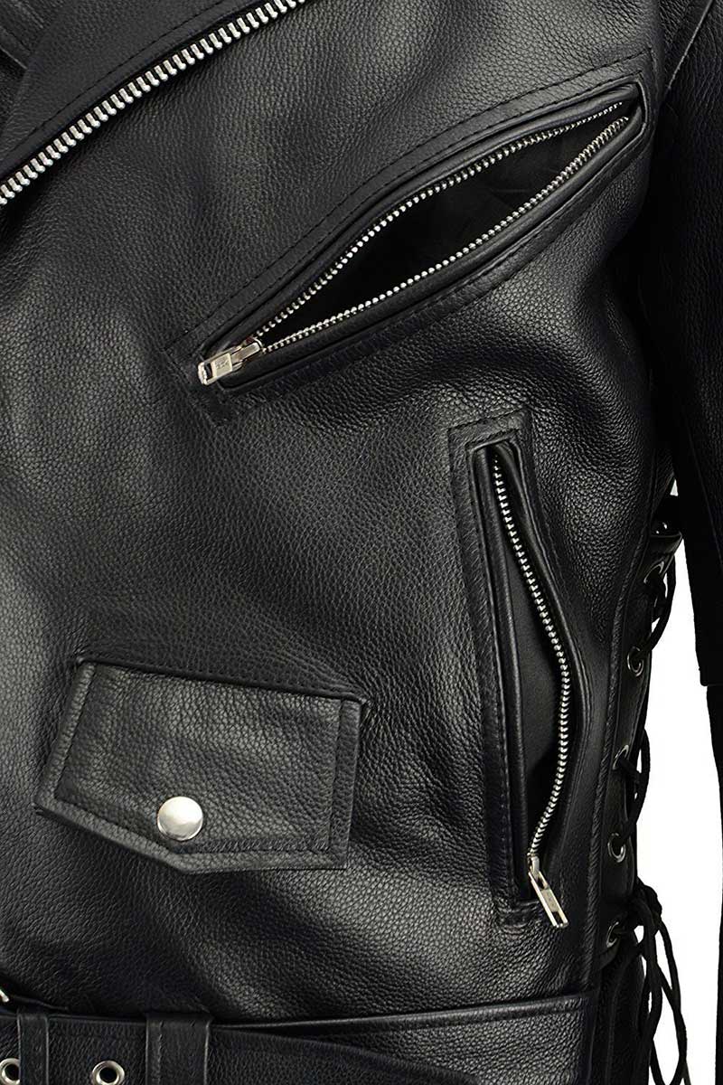 SH1011TALL Black Classic Brando Motorcycle Jacket for Men Made of Cowhide Leather w/ Side Lacing