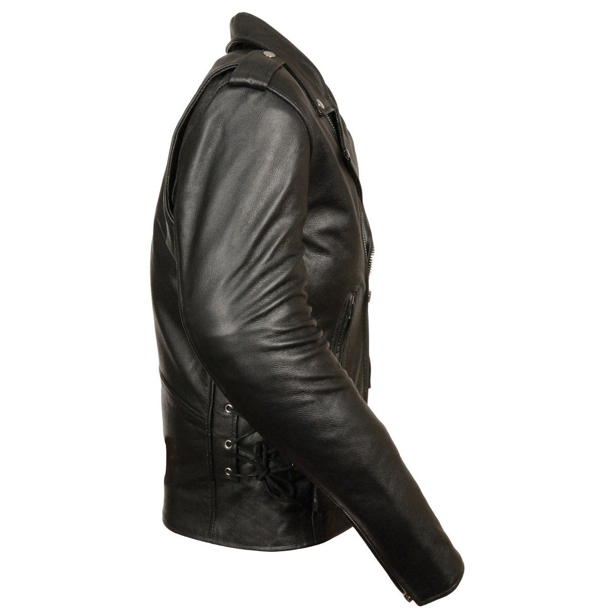 SH1011TALL Black Classic Brando Motorcycle Jacket for Men Made of Cowhide Leather w/ Side Lacing