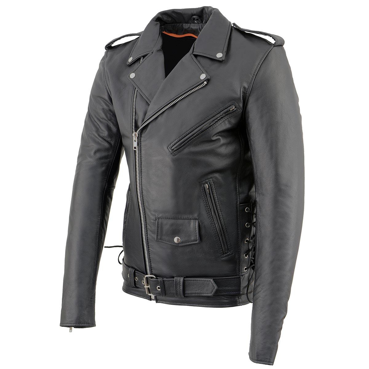 SH1011TALL Black Classic Brando Motorcycle Jacket for Men Made of Cowhide Leather w/ Side Lacing
