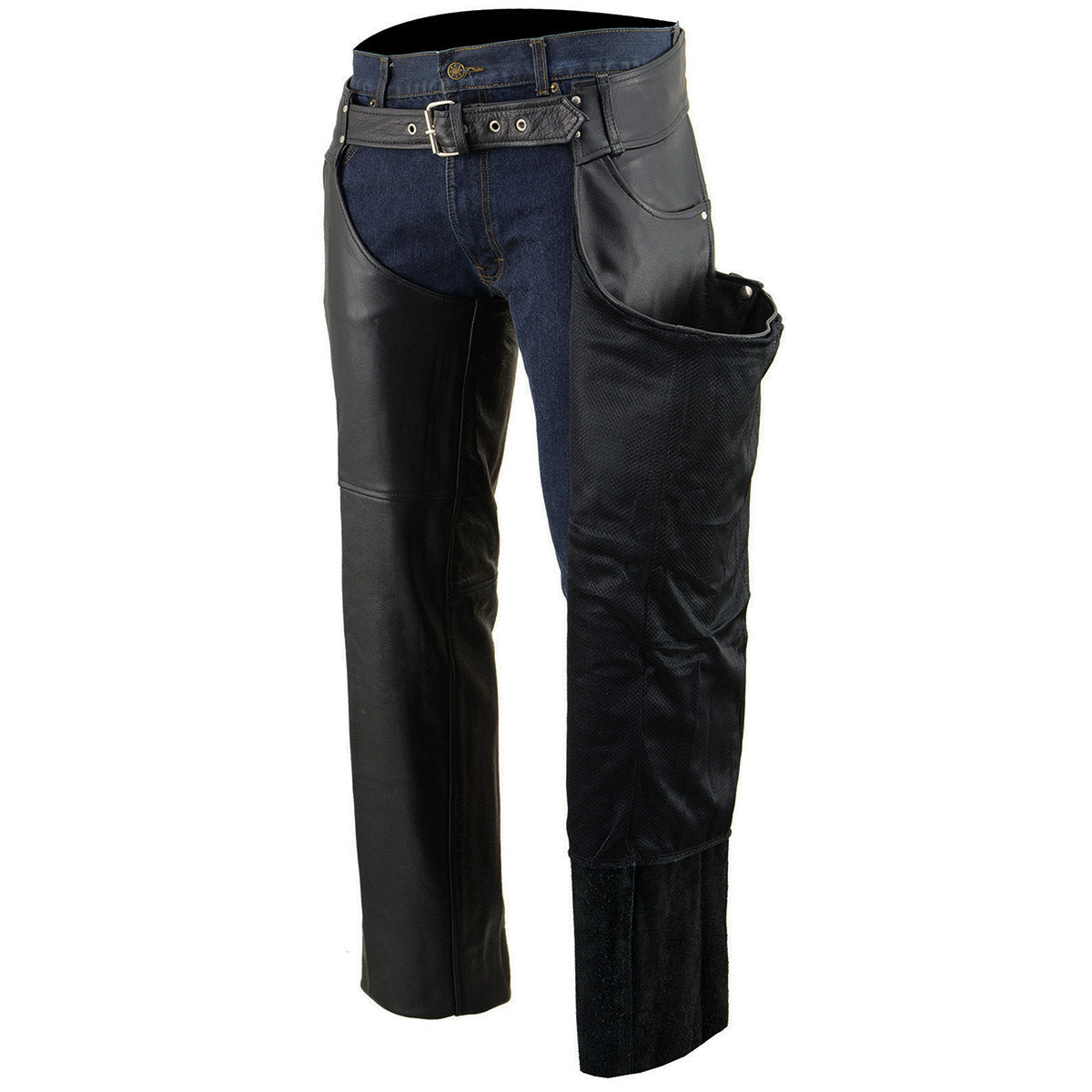 Chaps for Men's Black Premium Leather - Classic Jean Style Pockets Motorcycle Chap - SH1101TALL