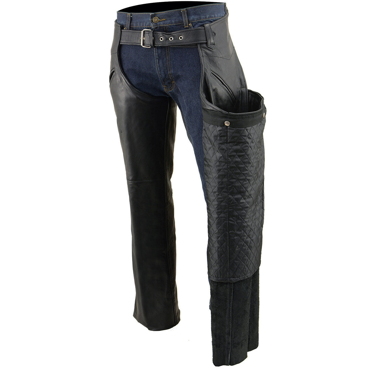 Chaps for Men's Black Leather Slash Pocket- Snap Out Thermal Lined Motorcycle Riders Chap- SH1103
