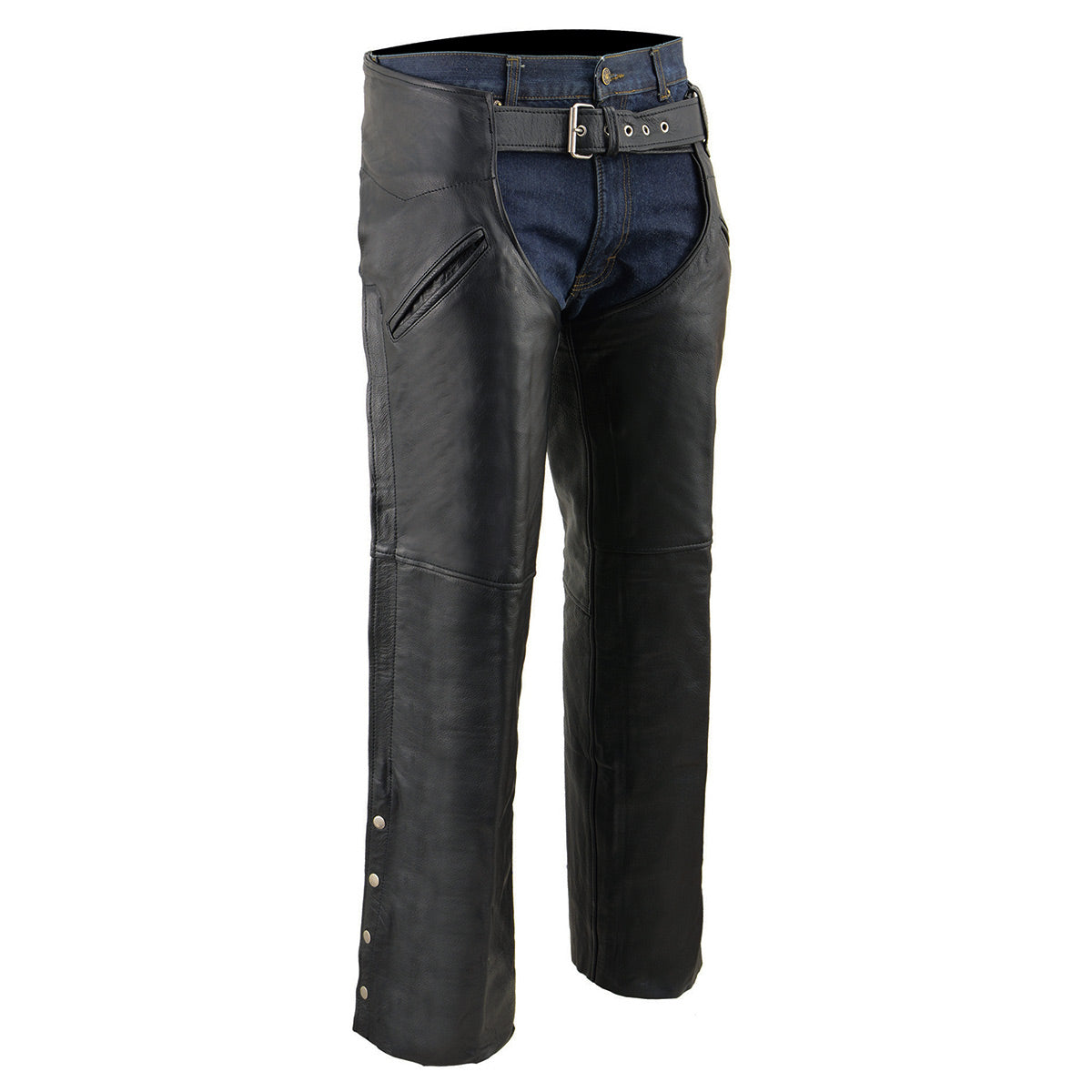 Chaps for Men's Black Leather Slash Pocket- Snap Out Thermal Lined Motorcycle Riders Chap- SH1103