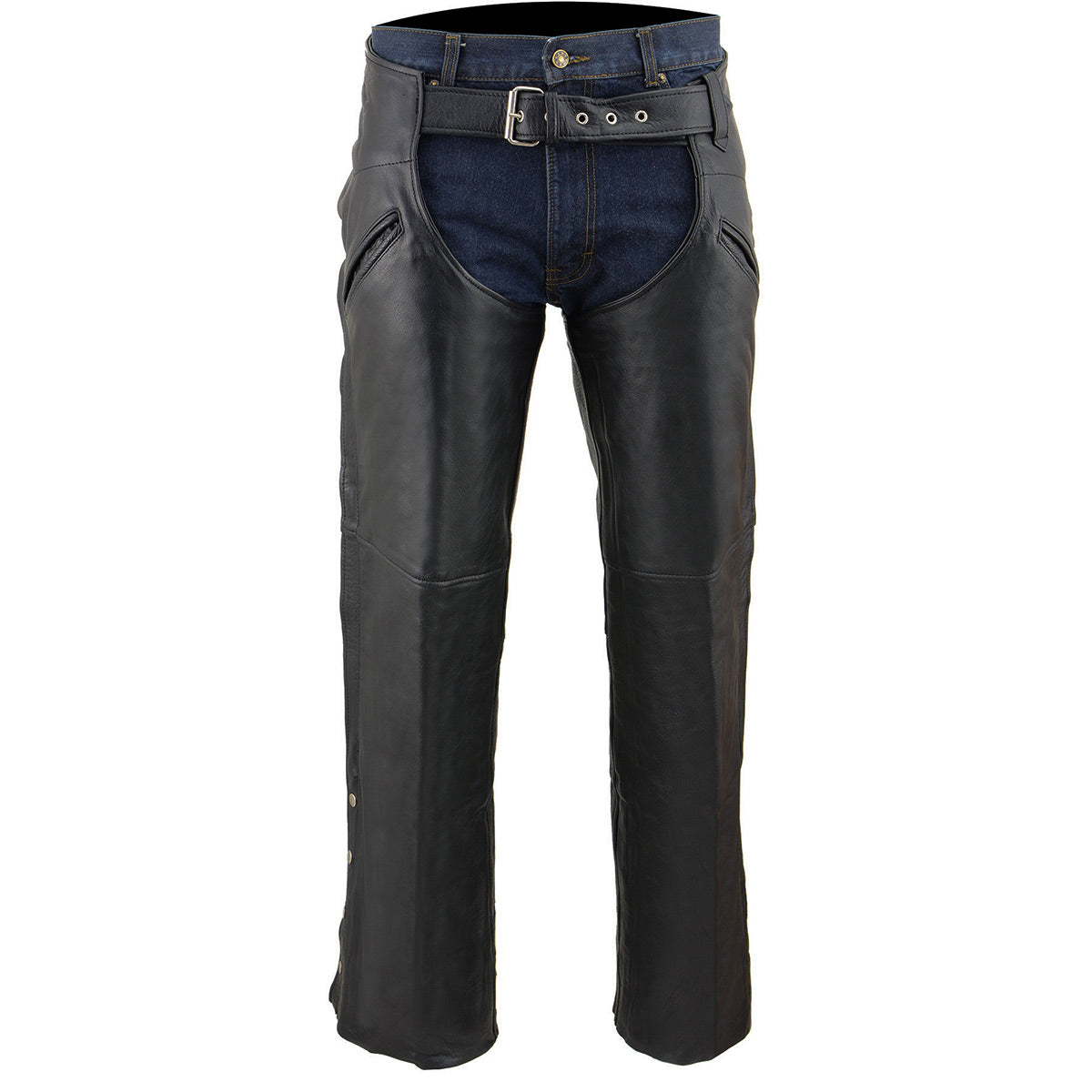 Chaps for Men's Black Leather Slash Pocket- Snap Out Thermal Lined Motorcycle Riders Chap- SH1103