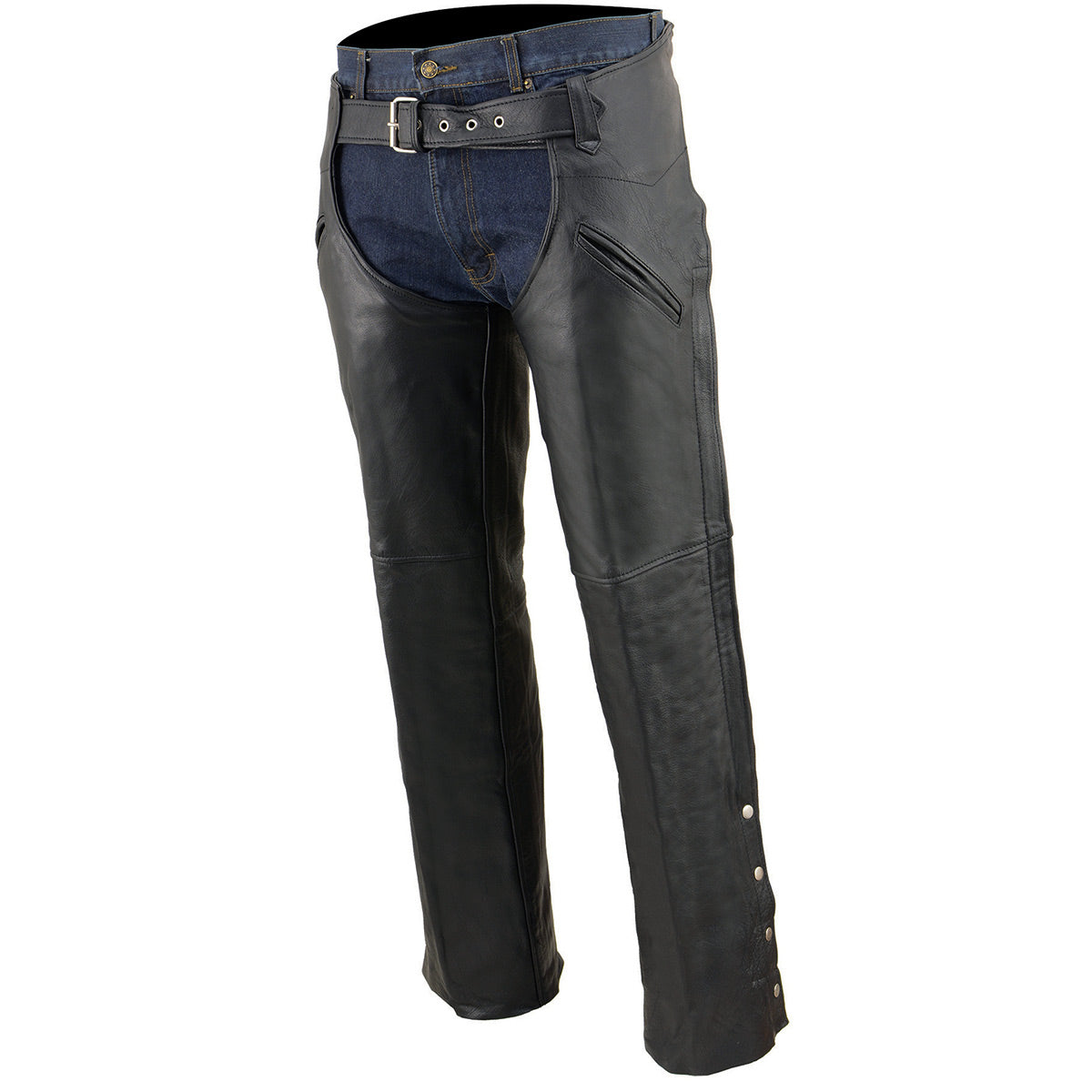 Chaps for Men's Black Leather Slash Pocket- Snap Out Thermal Lined Motorcycle Riders Chap- SH1103