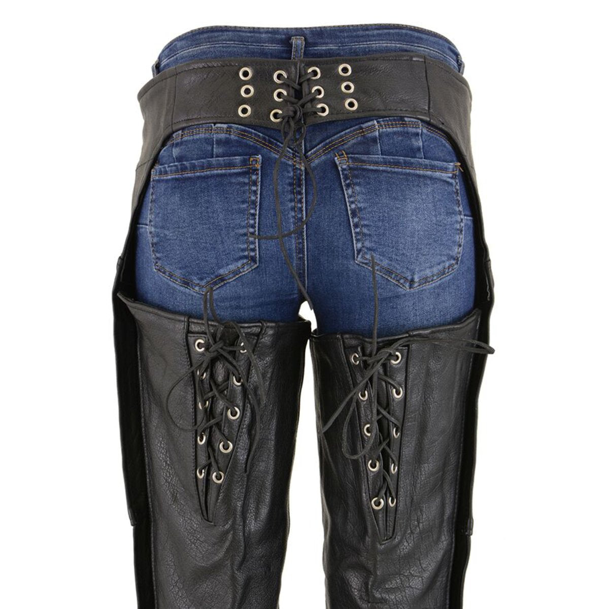 Chaps for Women Black Premium Skin - Deep Hip Pockets Back Thigh Laces Motorcycle Chap - SH1173