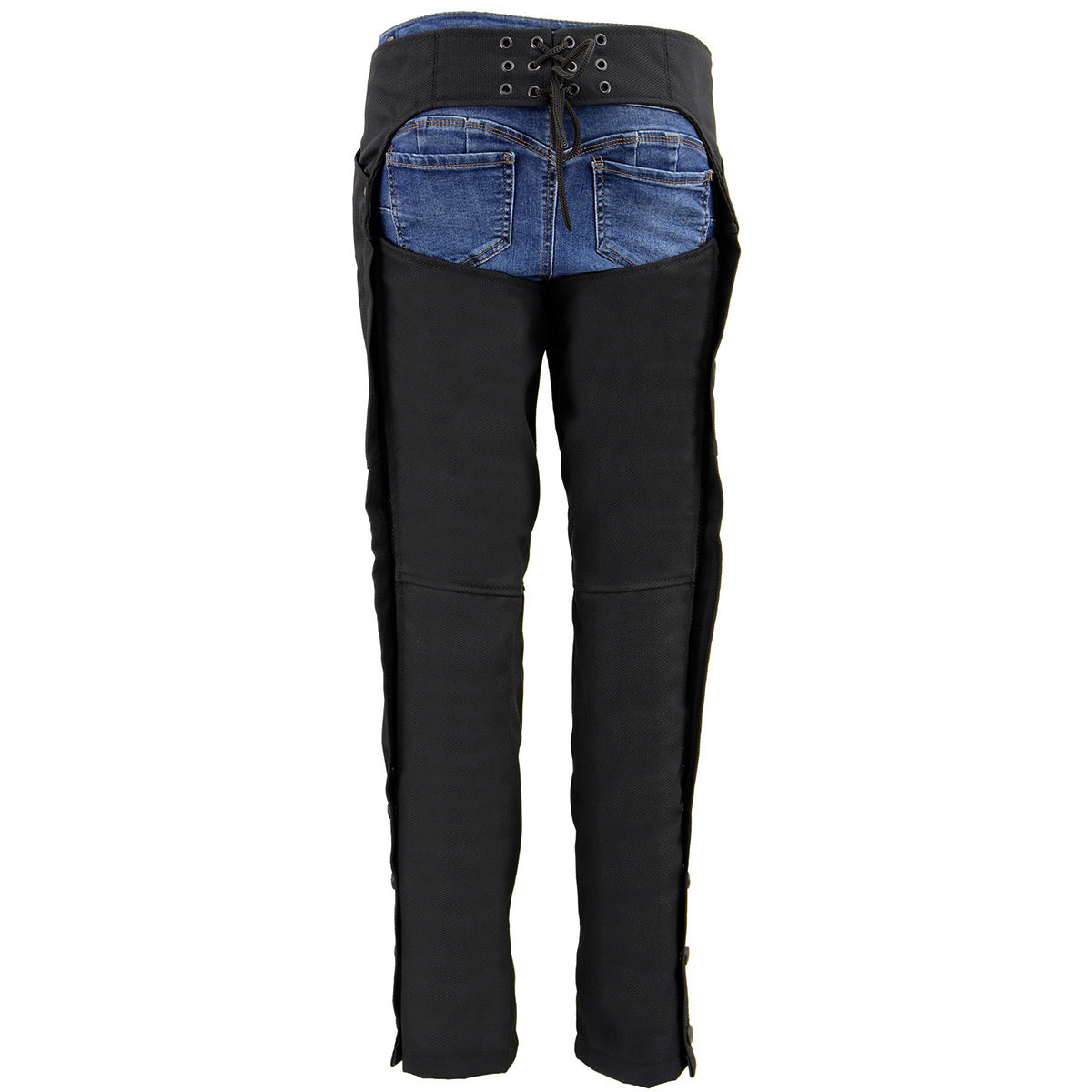 SH1182 Women's Black Textile Motorcycle Riding Chaps with Tribal Embroidery