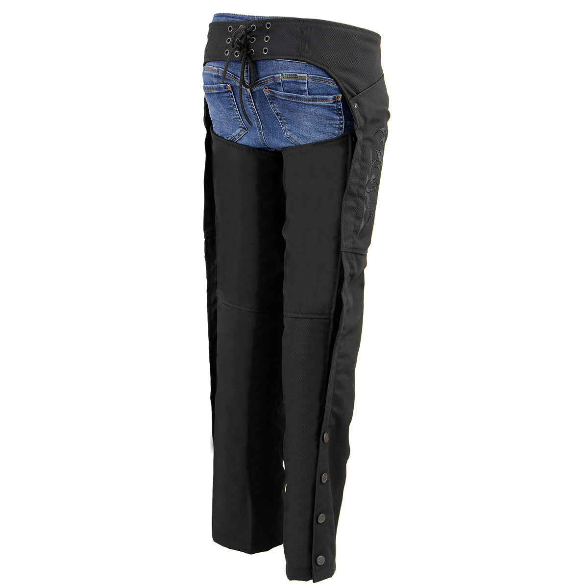 SH1182 Women's Black Textile Motorcycle Riding Chaps with Tribal Embroidery