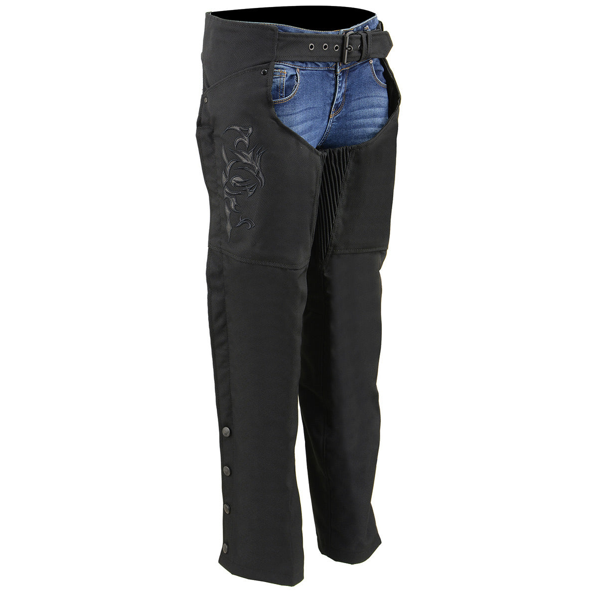 SH1182 Women's Black Textile Motorcycle Riding Chaps with Tribal Embroidery
