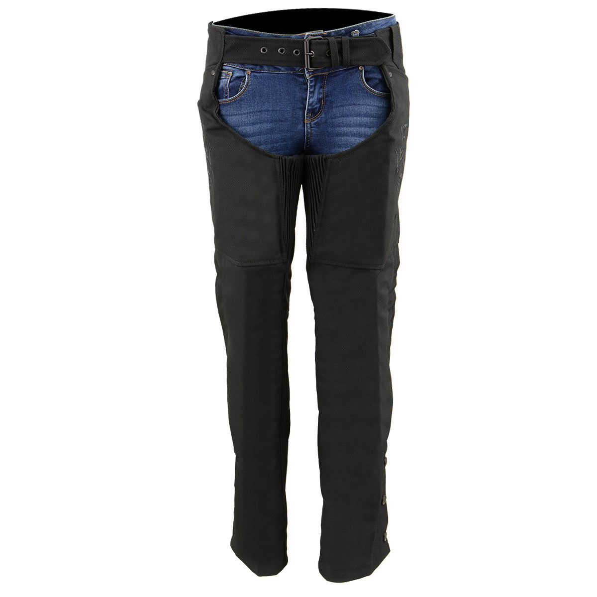 SH1182 Women's Black Textile Motorcycle Riding Chaps with Tribal Embroidery