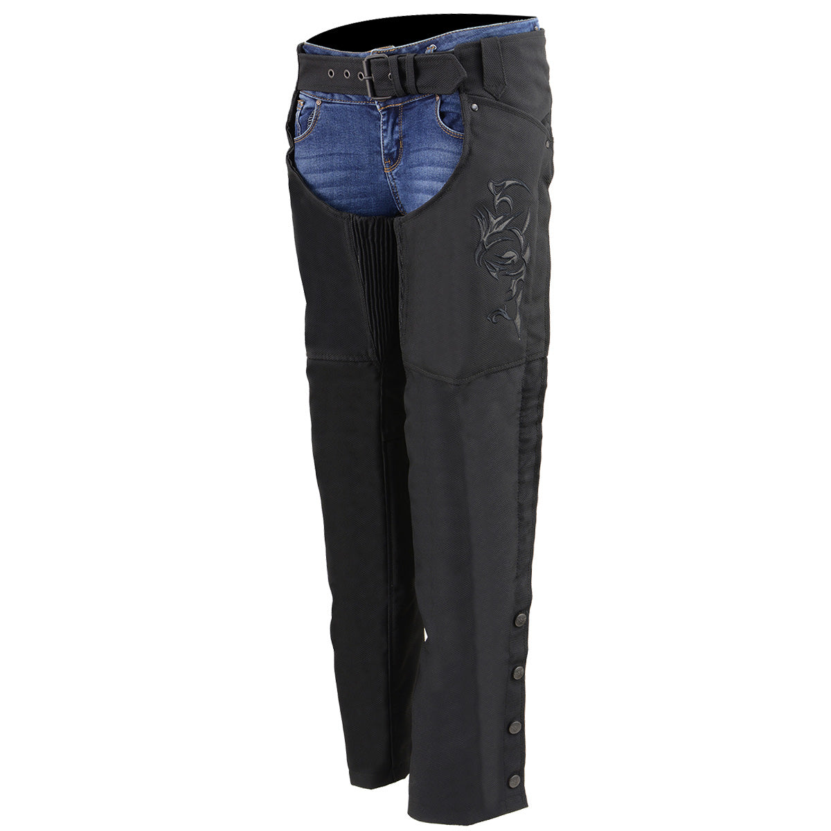 SH1182 Women's Black Textile Motorcycle Riding Chaps with Tribal Embroidery