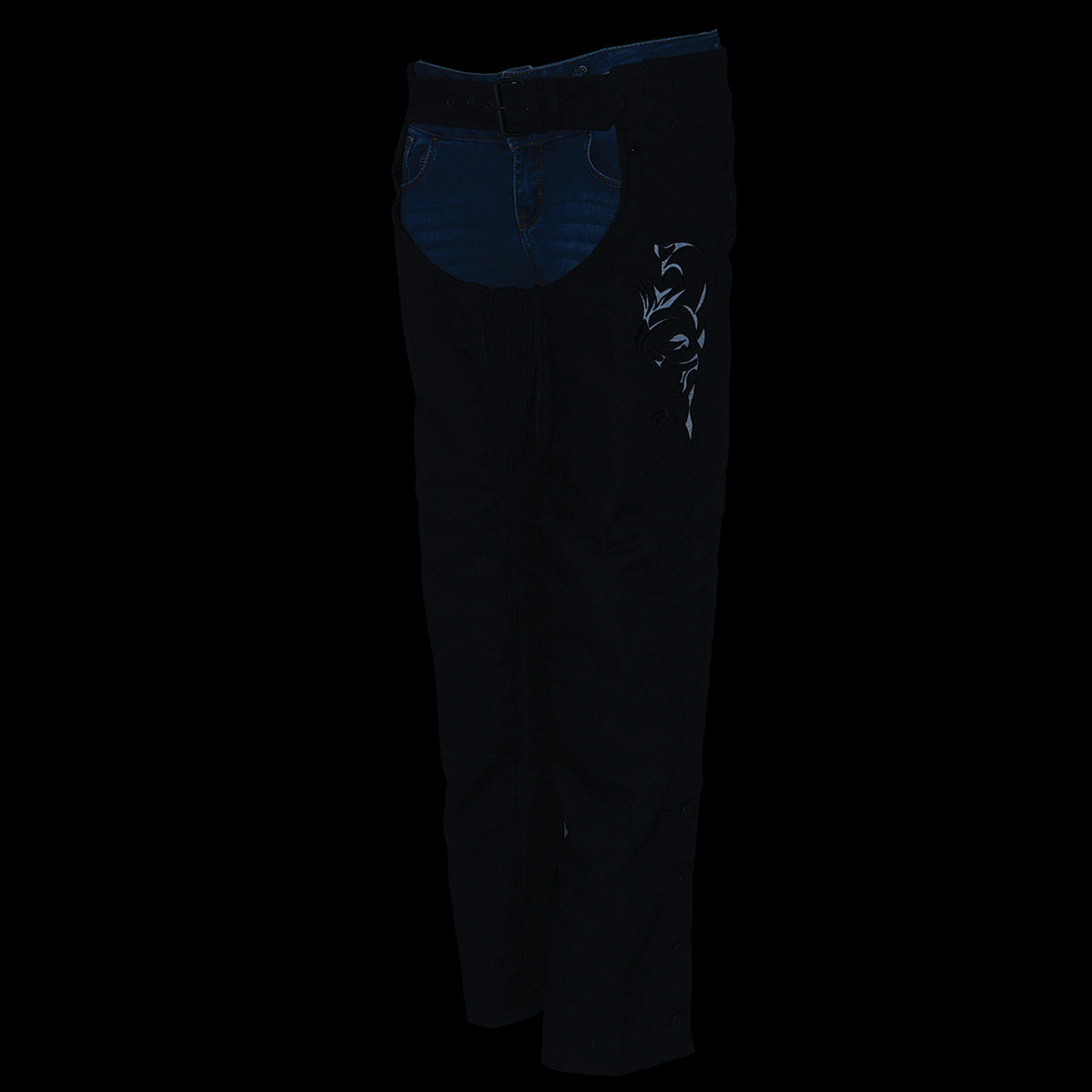 SH1182 Women's Black Textile Motorcycle Riding Chaps with Tribal Embroidery