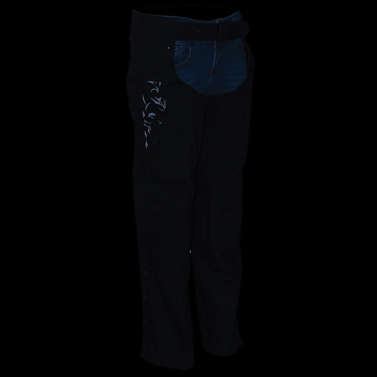 SH1182 Women's Black Textile Motorcycle Riding Chaps with Tribal Embroidery