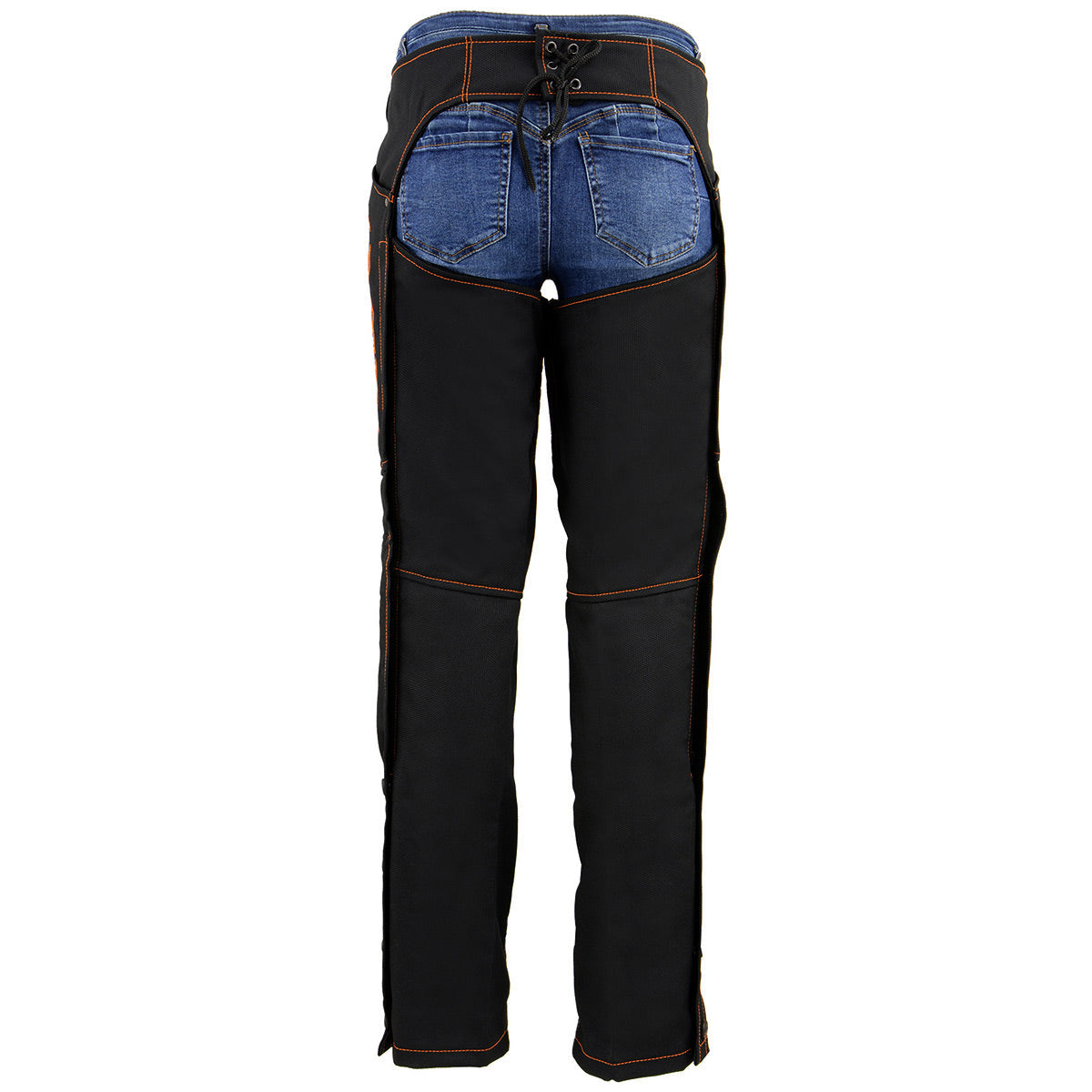 SH1182 Women's Black with Orange Textile Motorcycle Riding Chaps with Tribal Embroidery