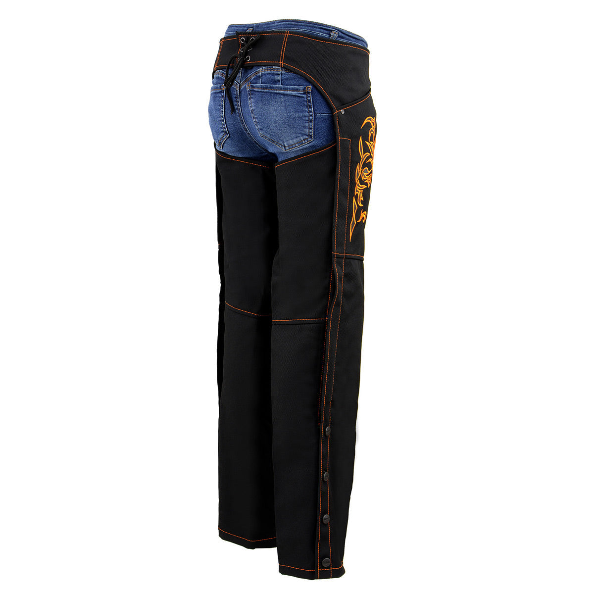 SH1182 Women's Black with Orange Textile Motorcycle Riding Chaps with Tribal Embroidery