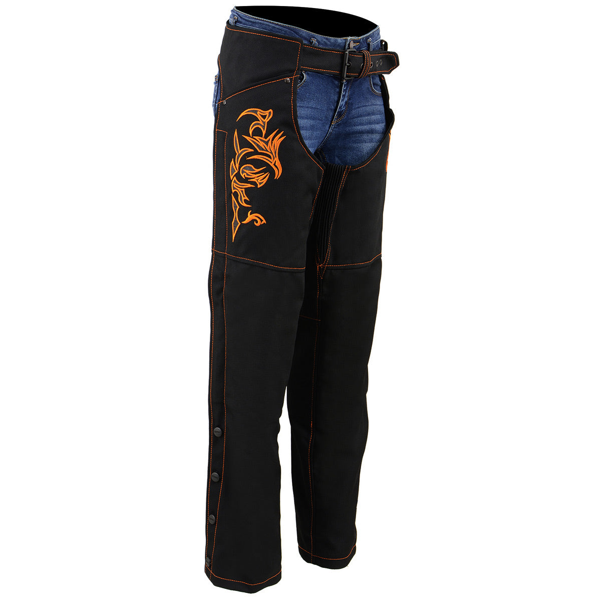 SH1182 Women's Black with Orange Textile Motorcycle Riding Chaps with Tribal Embroidery