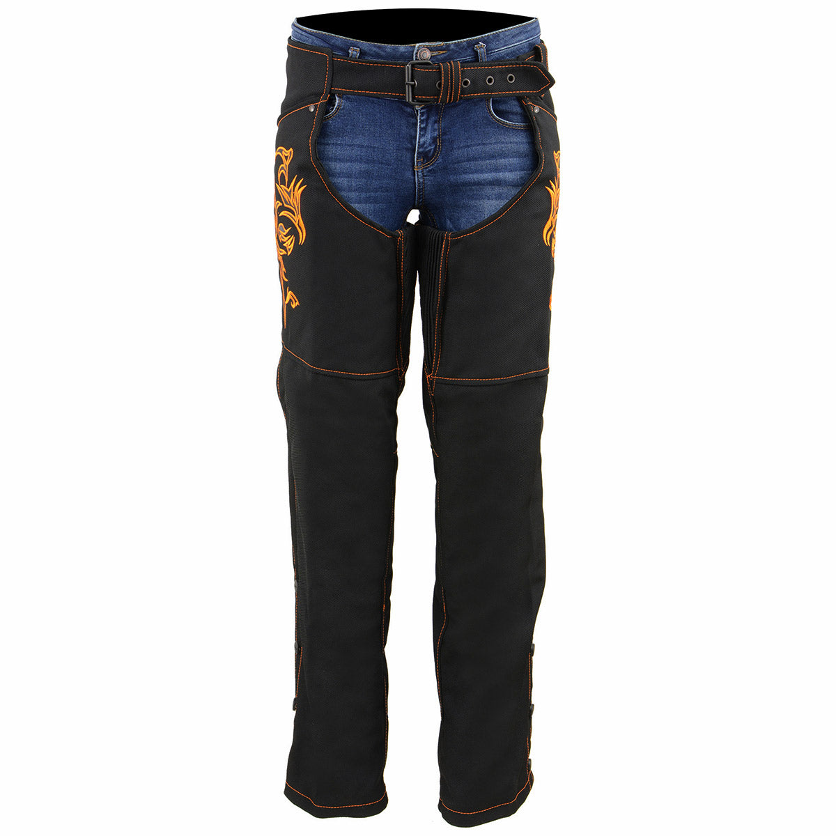SH1182 Women's Black with Orange Textile Motorcycle Riding Chaps with Tribal Embroidery