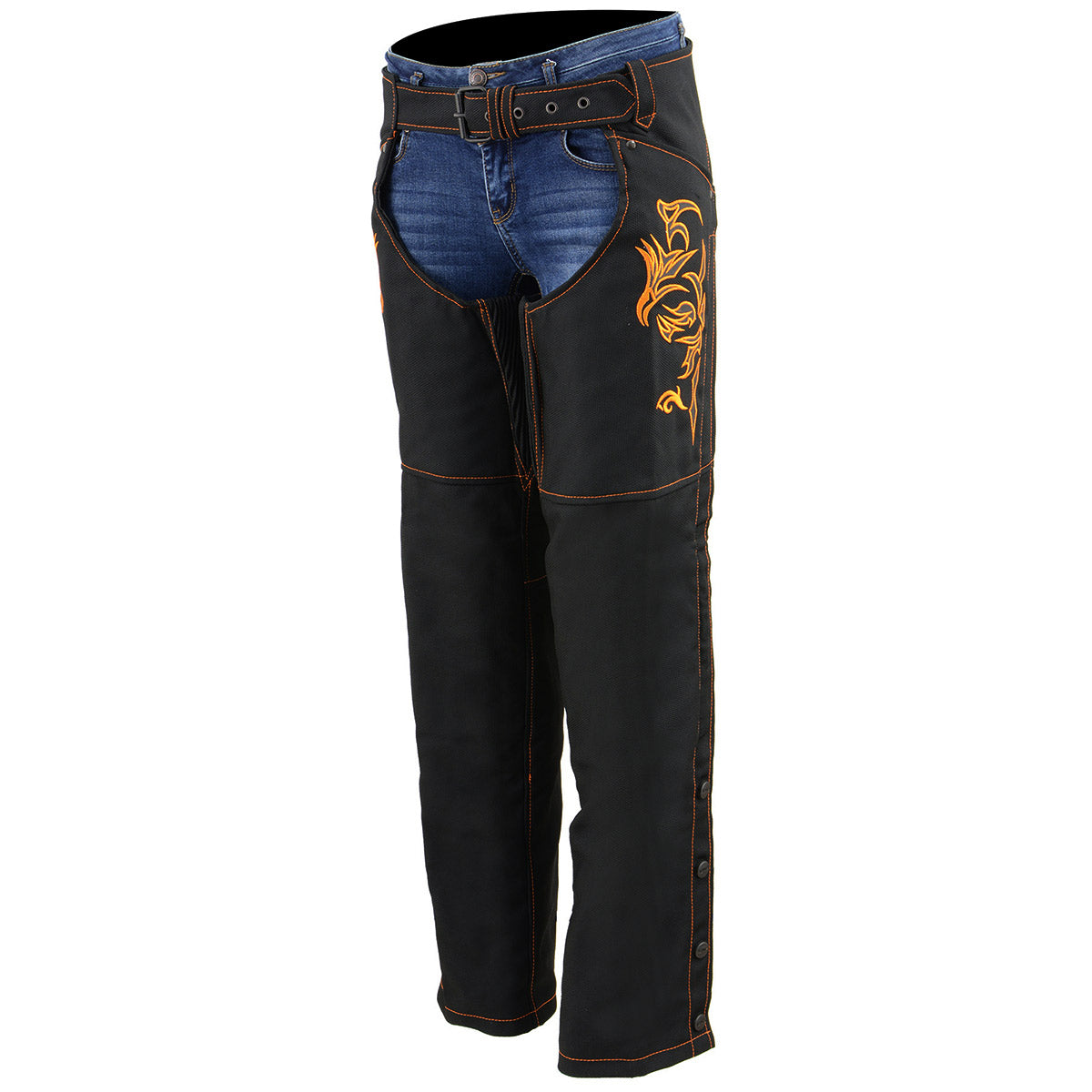 SH1182 Women's Black with Orange Textile Motorcycle Riding Chaps with Tribal Embroidery