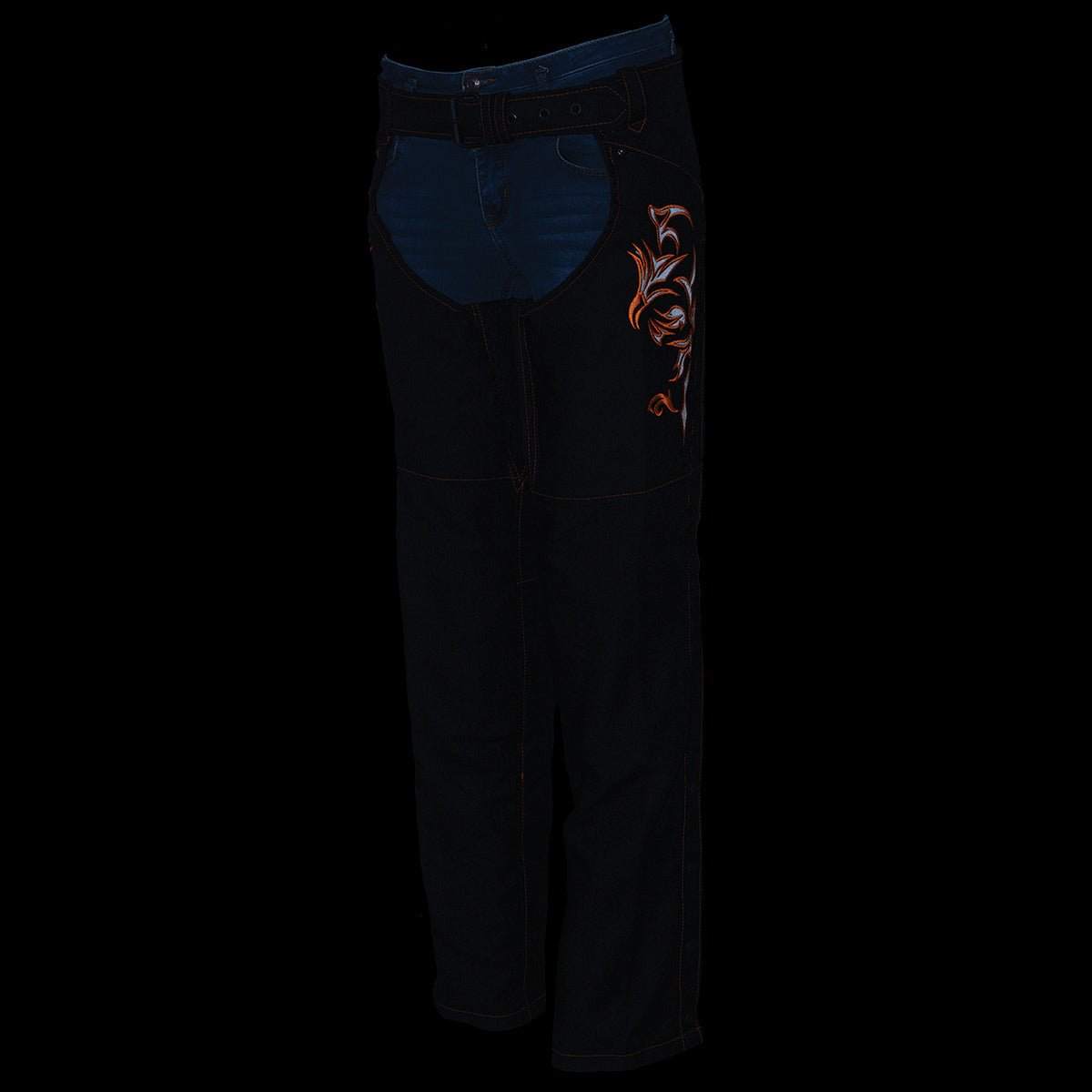 SH1182 Women's Black with Orange Textile Motorcycle Riding Chaps with Tribal Embroidery