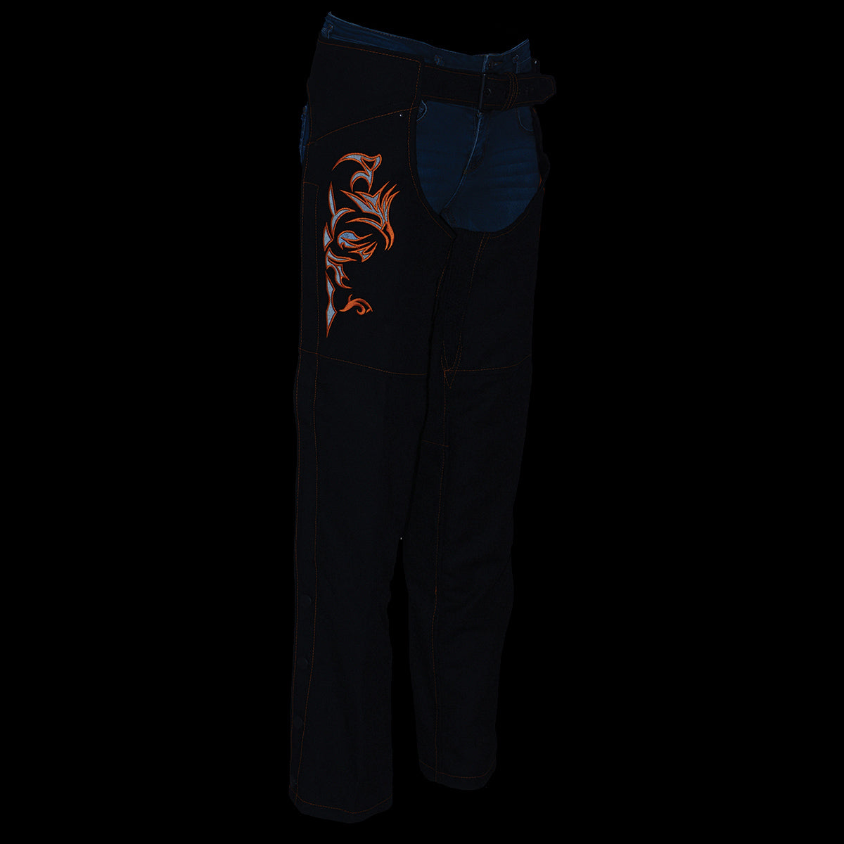 SH1182 Women's Black with Orange Textile Motorcycle Riding Chaps with Tribal Embroidery