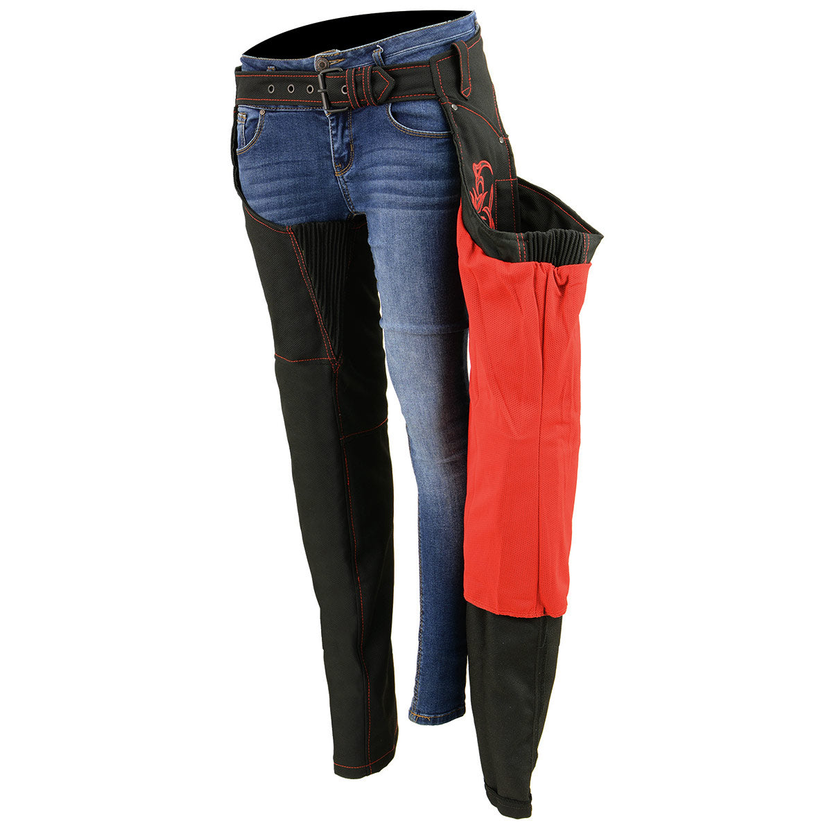 SH1182 Women's Black with Red Textile Motorcycle Riding Chaps with Tribal Embroidery