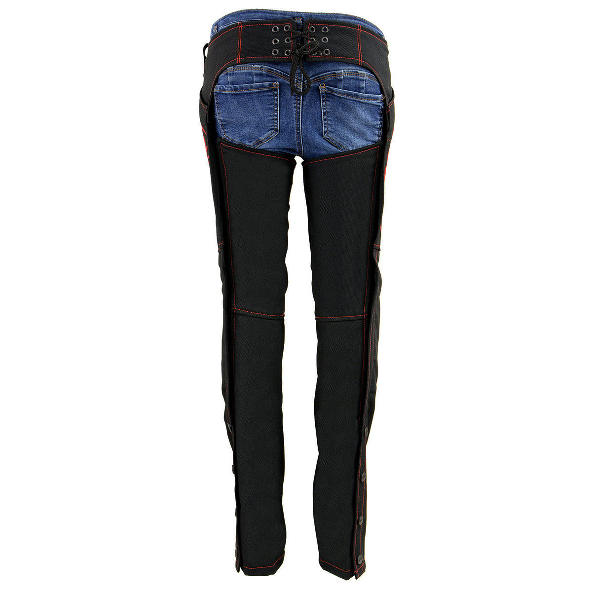 SH1182 Women's Black with Red Textile Motorcycle Riding Chaps with Tribal Embroidery