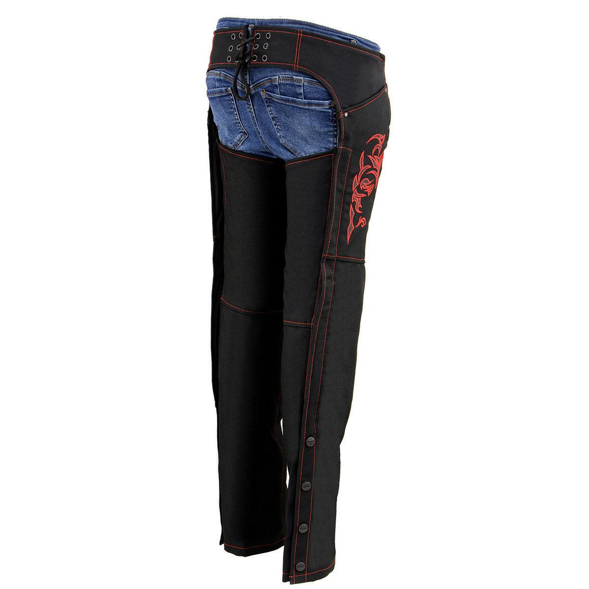 SH1182 Women's Black with Red Textile Motorcycle Riding Chaps with Tribal Embroidery