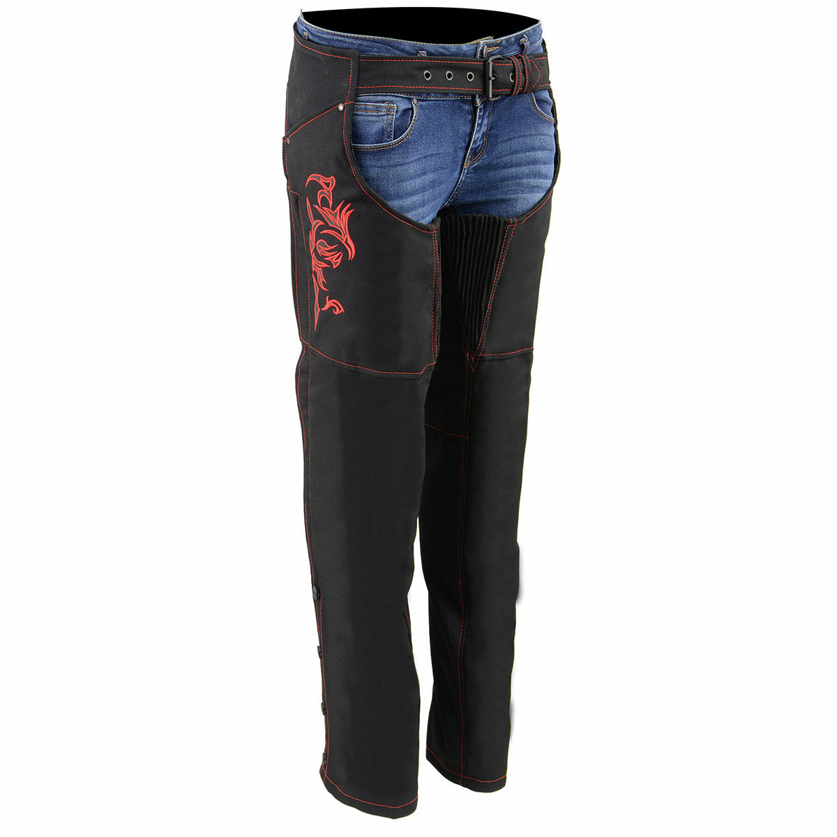 SH1182 Women's Black with Red Textile Motorcycle Riding Chaps with Tribal Embroidery