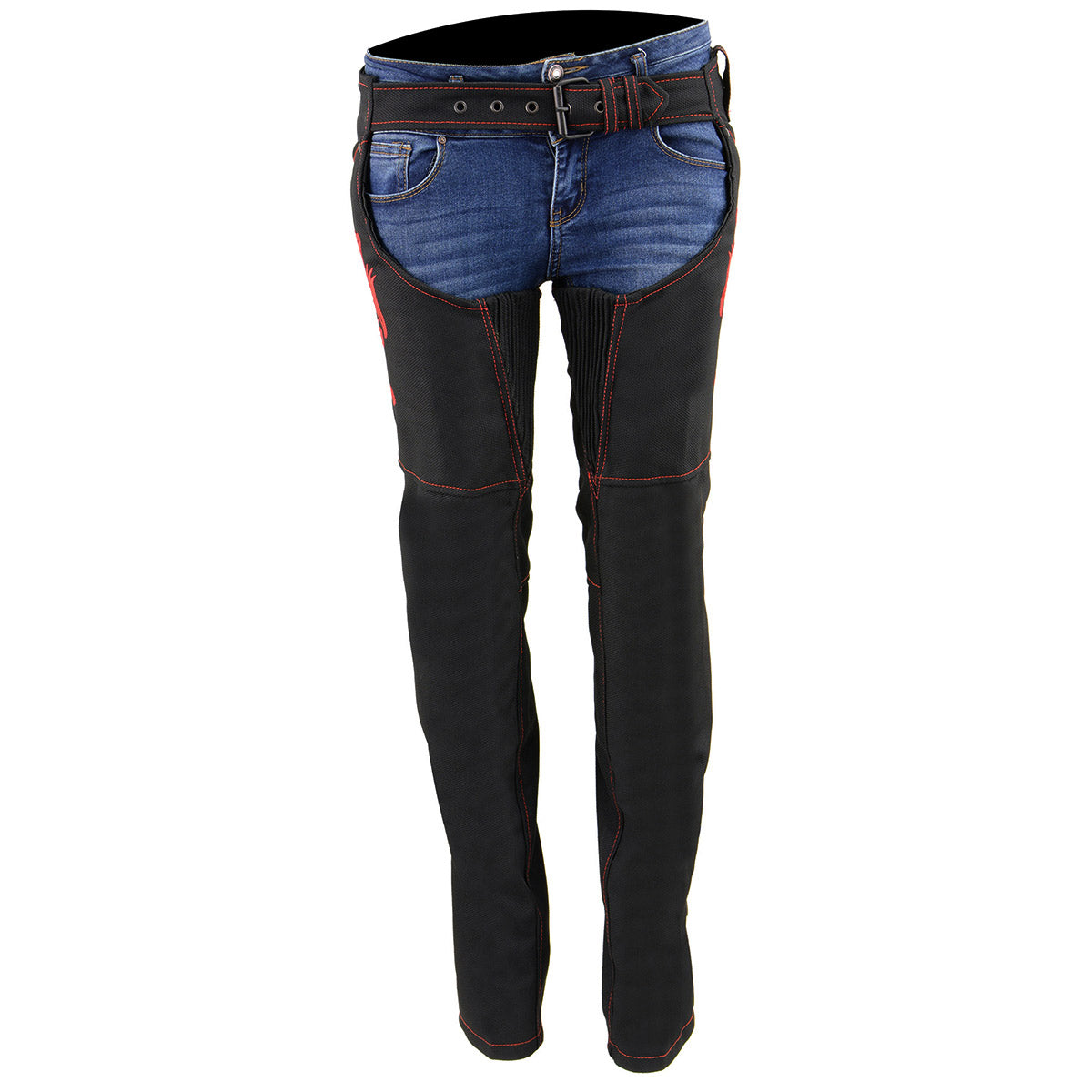 SH1182 Women's Black with Red Textile Motorcycle Riding Chaps with Tribal Embroidery