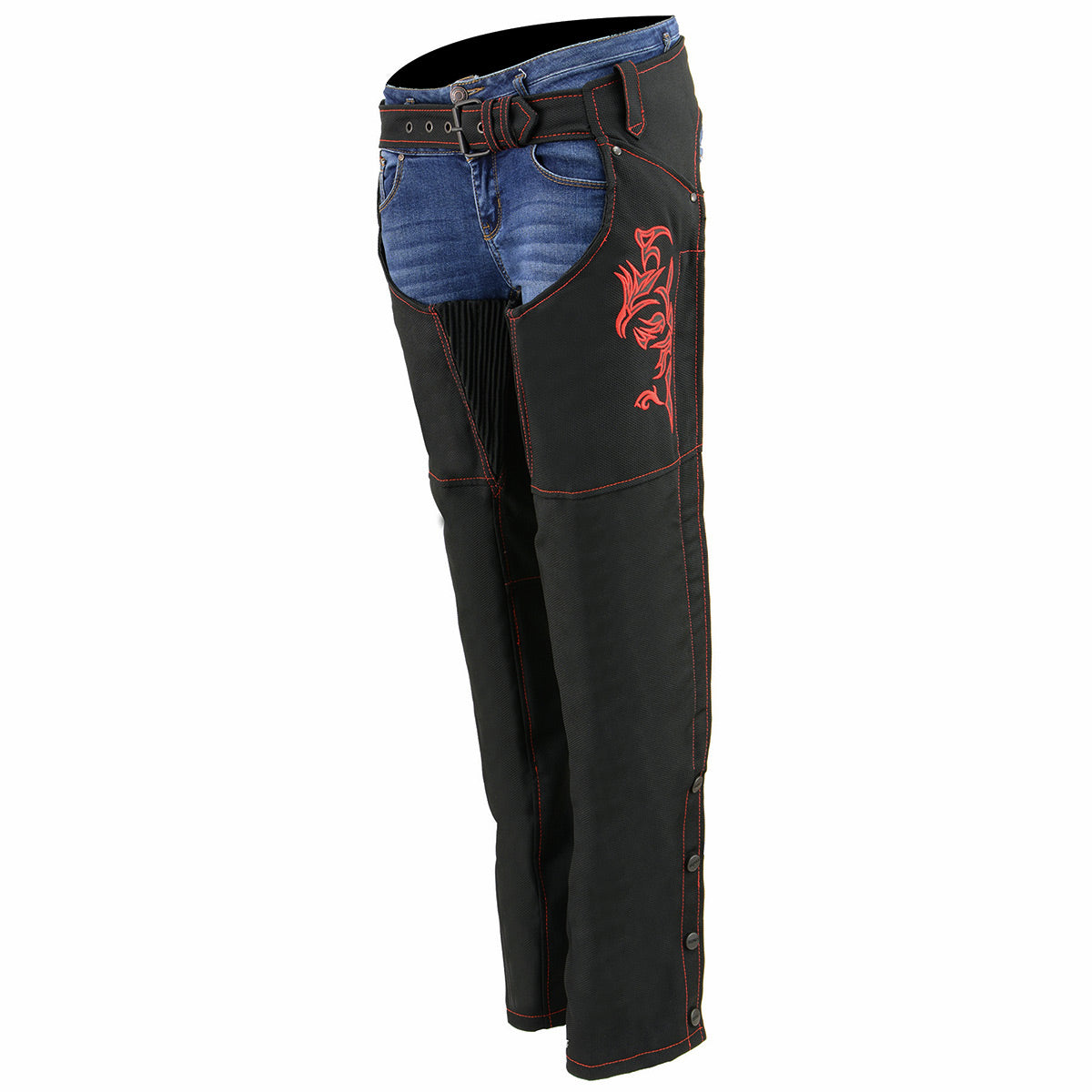 SH1182 Women's Black with Red Textile Motorcycle Riding Chaps with Tribal Embroidery