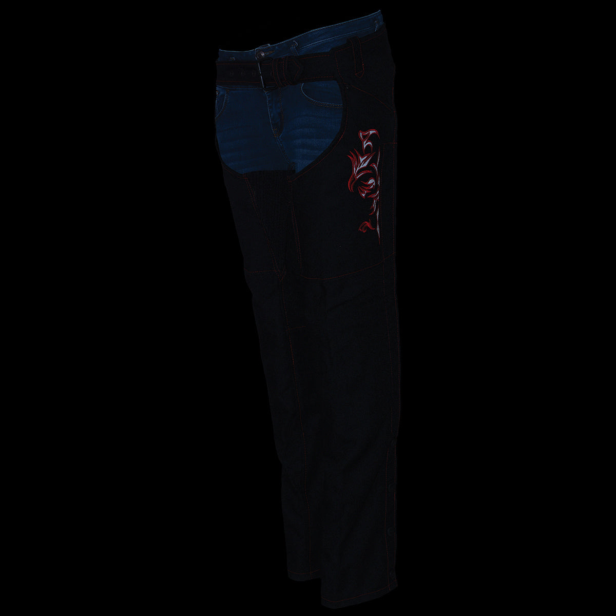 SH1182 Women's Black with Red Textile Motorcycle Riding Chaps with Tribal Embroidery