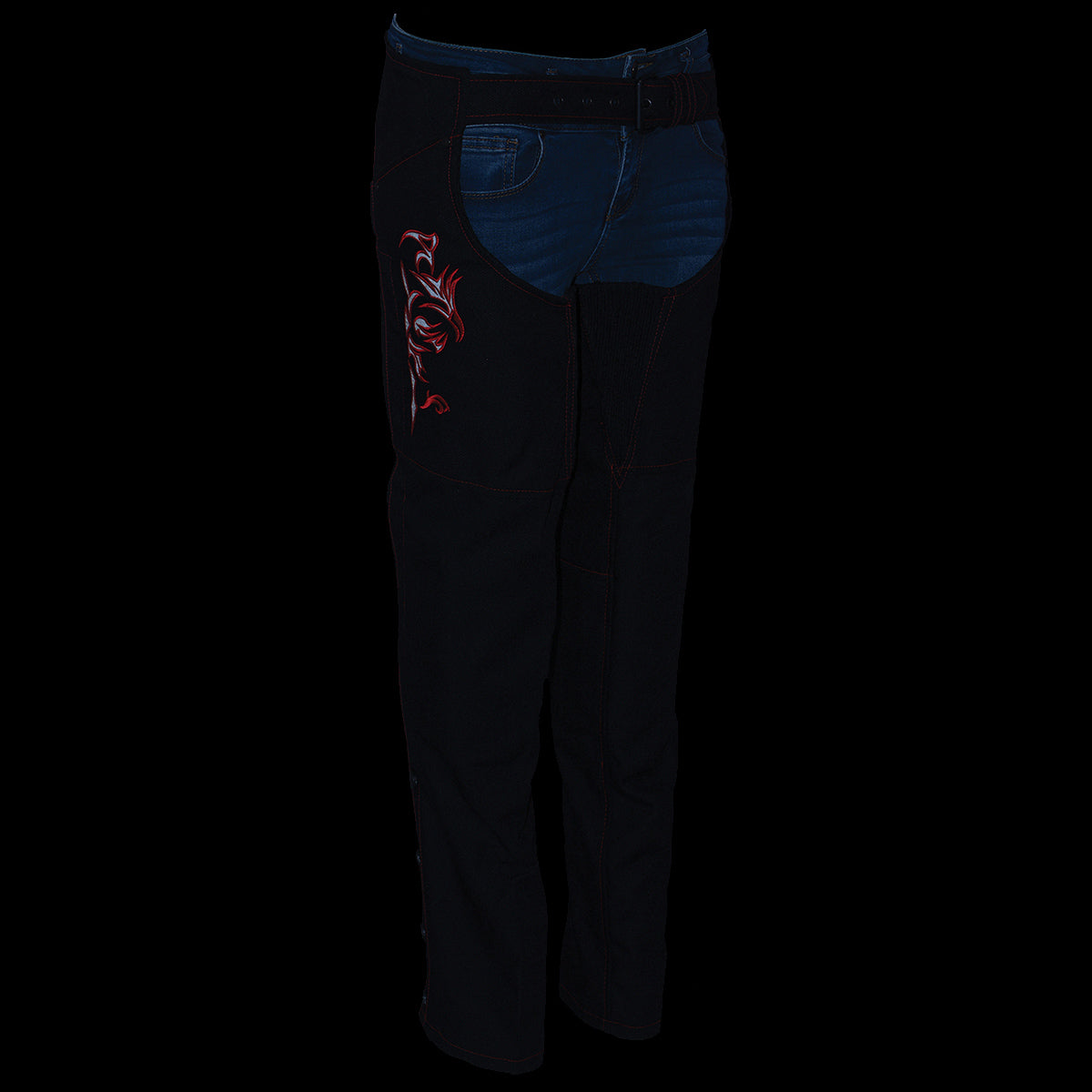 SH1182 Women's Black with Red Textile Motorcycle Riding Chaps with Tribal Embroidery