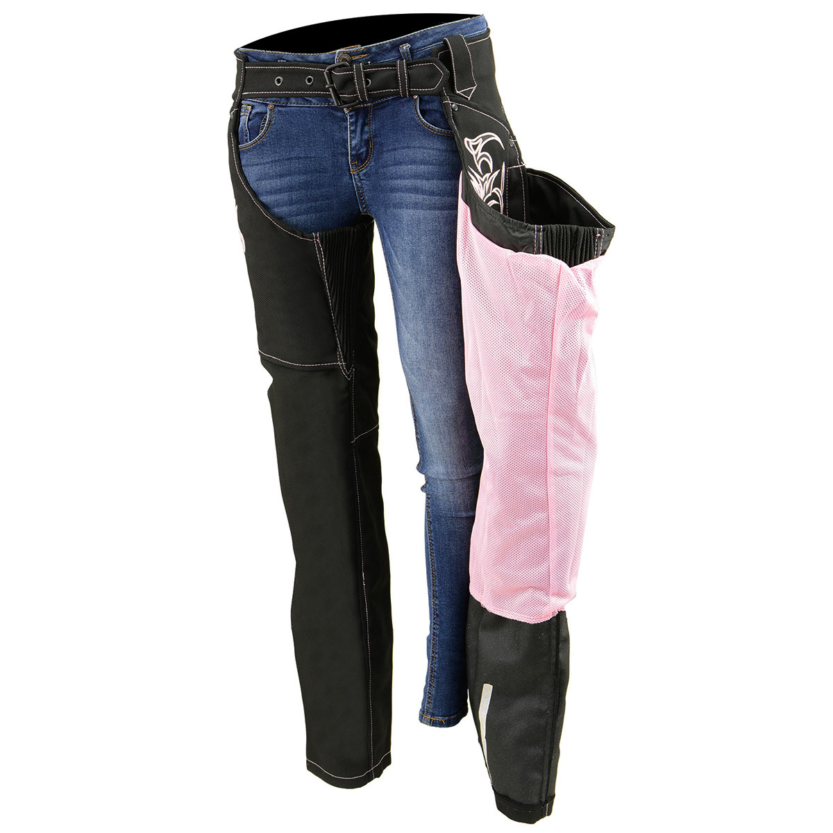 SH1182 Women's Black with Pink Textile Motorcycle Riding Chaps with Tribal Embroidery