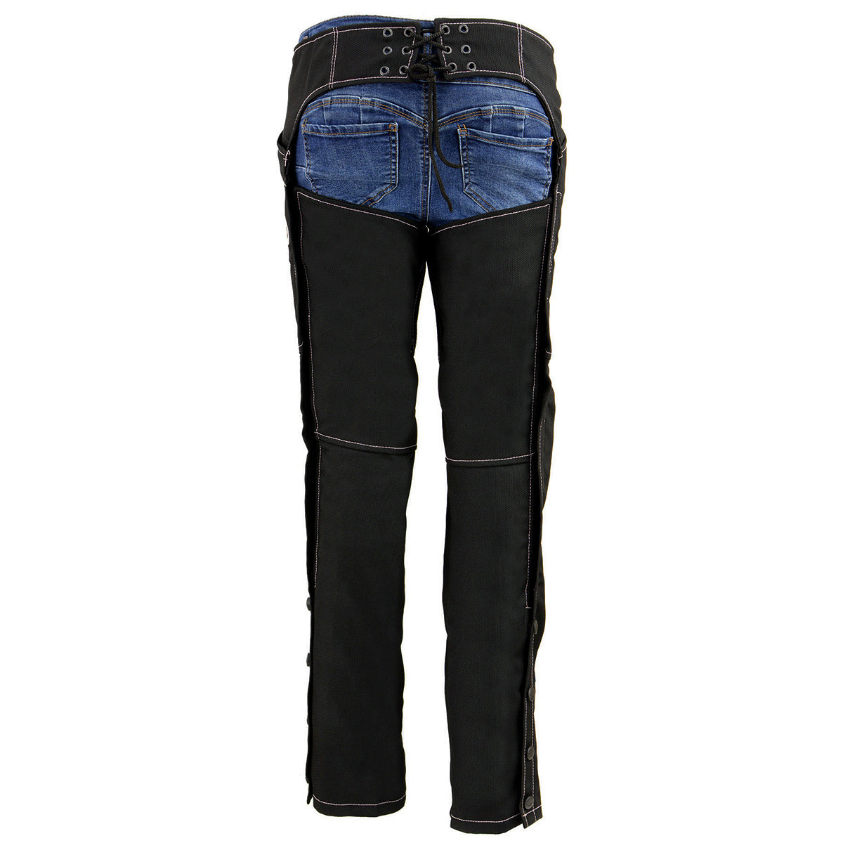 SH1182 Women's Black with Pink Textile Motorcycle Riding Chaps with Tribal Embroidery