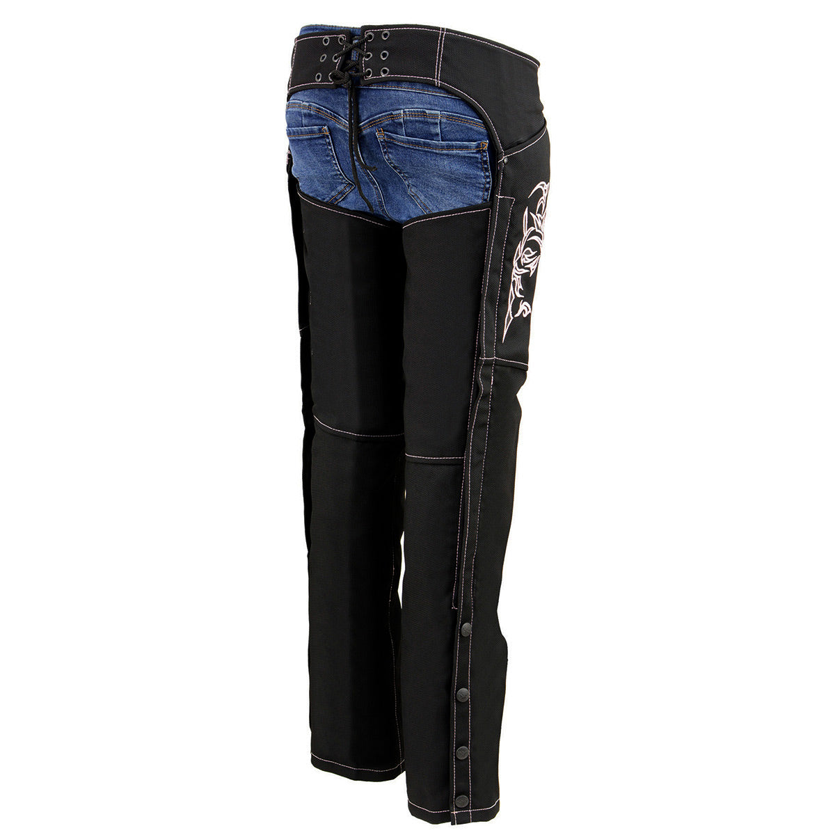 SH1182 Women's Black with Pink Textile Motorcycle Riding Chaps with Tribal Embroidery