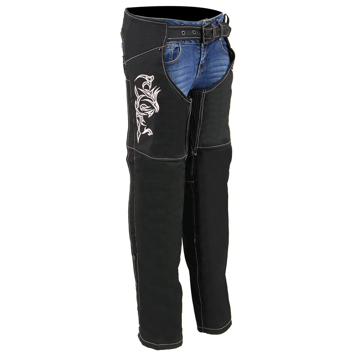 SH1182 Women's Black with Pink Textile Motorcycle Riding Chaps with Tribal Embroidery