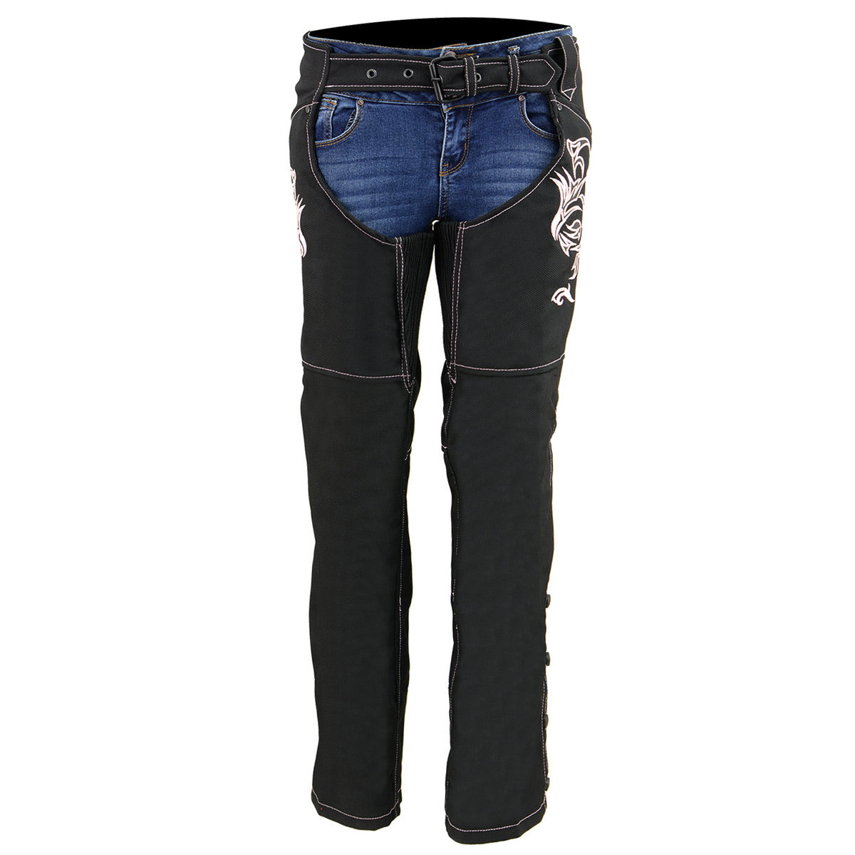SH1182 Women's Black with Pink Textile Motorcycle Riding Chaps with Tribal Embroidery