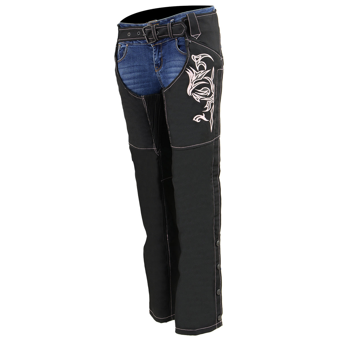 SH1182 Women's Black with Pink Textile Motorcycle Riding Chaps with Tribal Embroidery
