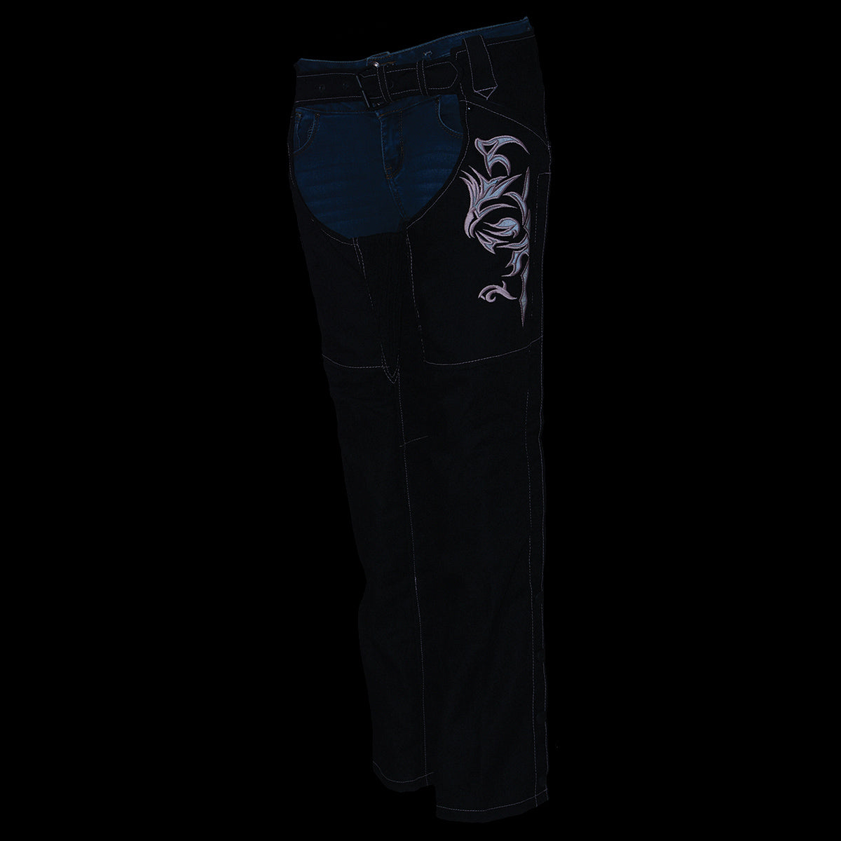 SH1182 Women's Black with Pink Textile Motorcycle Riding Chaps with Tribal Embroidery