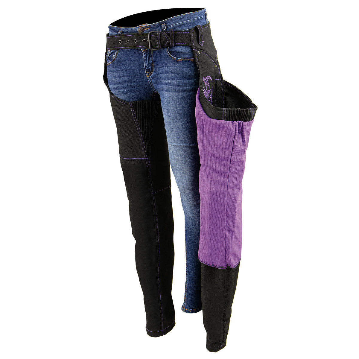 SH1182 Women's Black with Purple Textile Motorcycle Riding Chaps with Tribal Embroidery