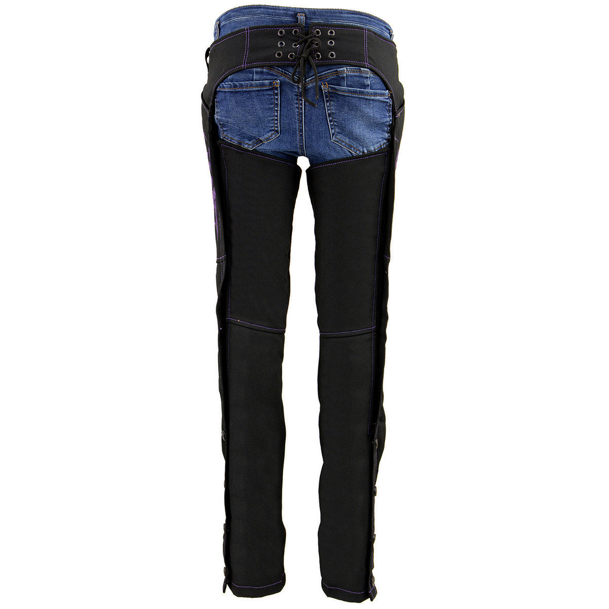 SH1182 Women's Black with Purple Textile Motorcycle Riding Chaps with Tribal Embroidery
