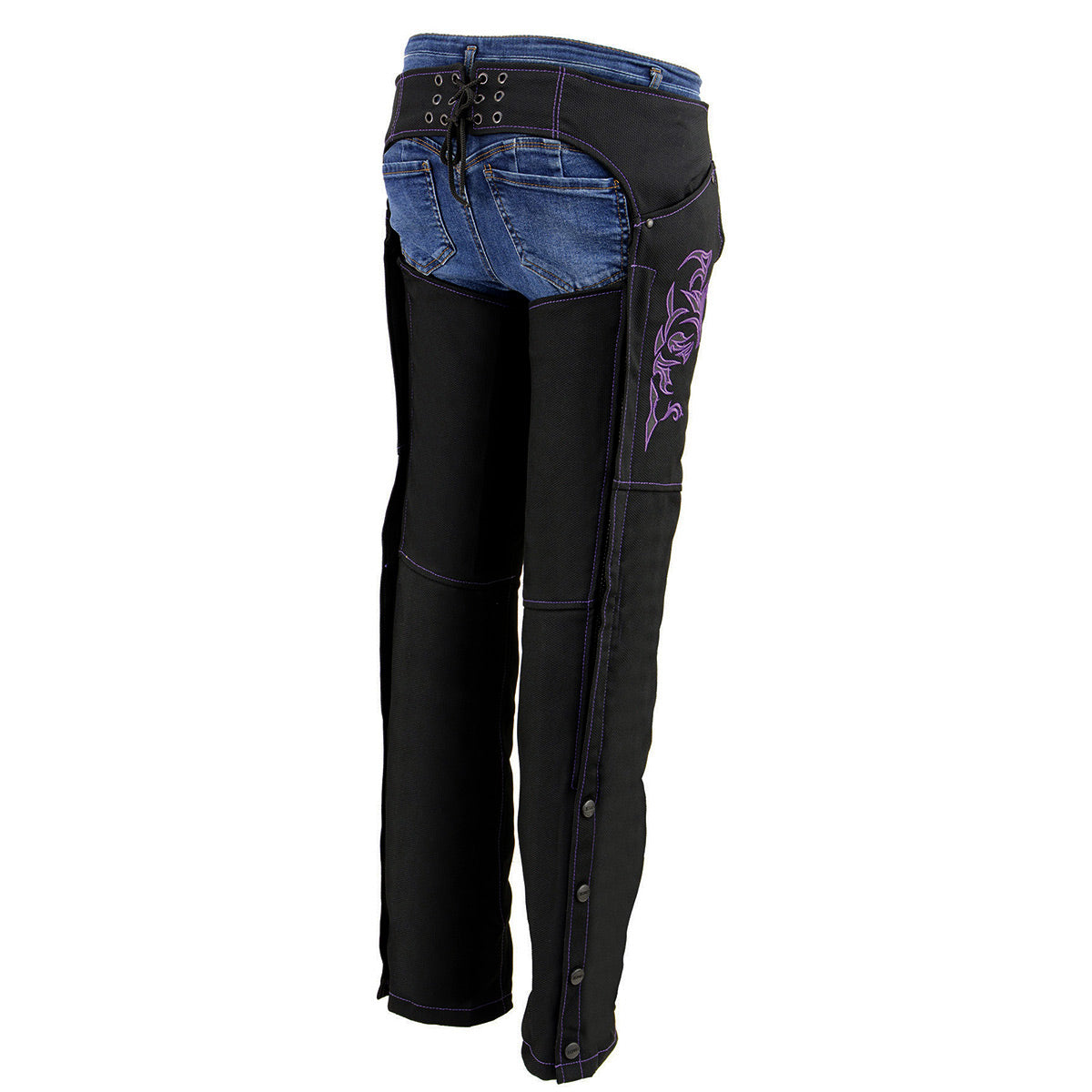 SH1182 Women's Black with Purple Textile Motorcycle Riding Chaps with Tribal Embroidery