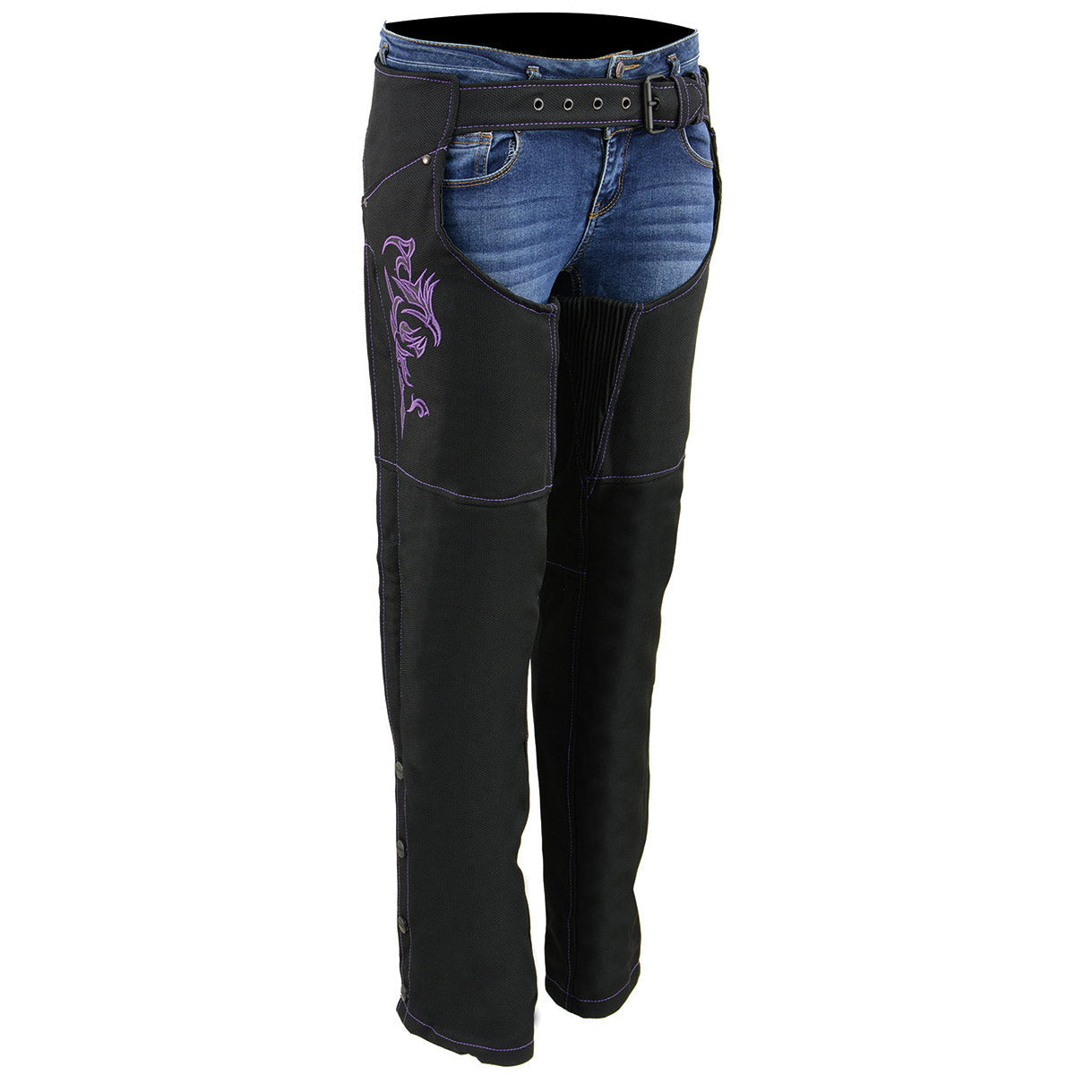 SH1182 Women's Black with Purple Textile Motorcycle Riding Chaps with Tribal Embroidery