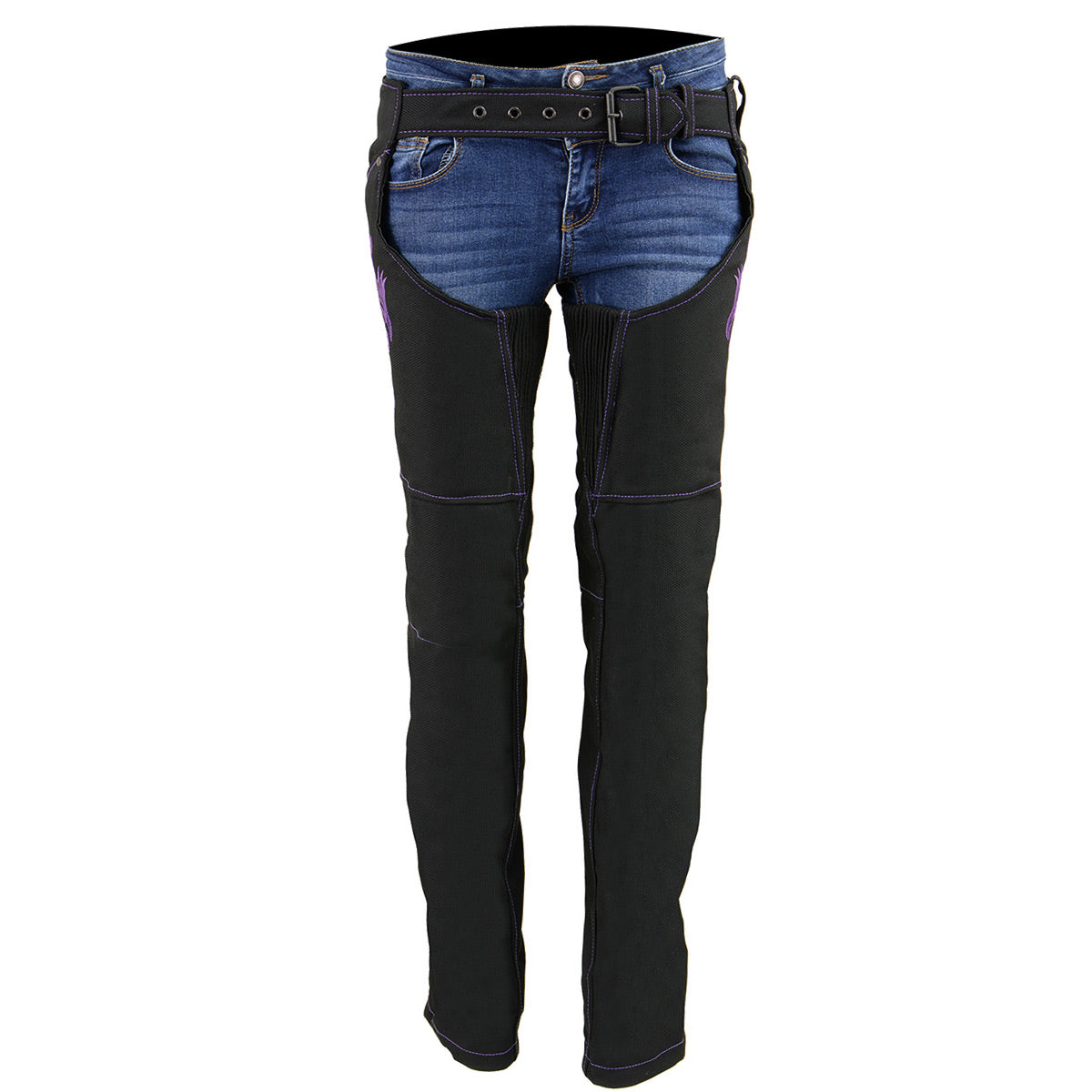 SH1182 Women's Black with Purple Textile Motorcycle Riding Chaps with Tribal Embroidery