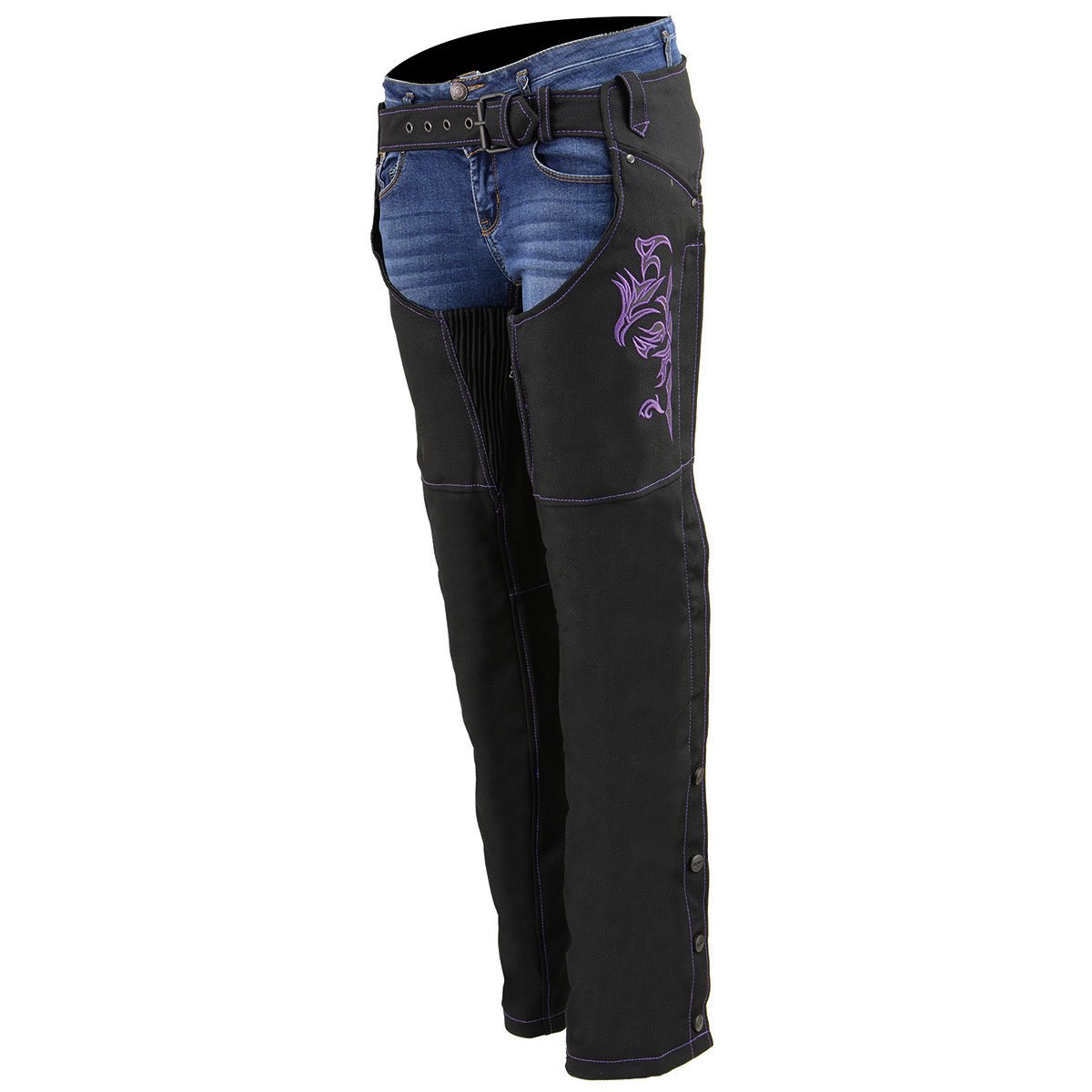 SH1182 Women's Black with Purple Textile Motorcycle Riding Chaps with Tribal Embroidery