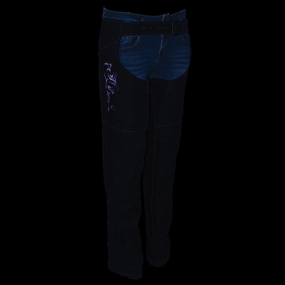 SH1182 Women's Black with Purple Textile Motorcycle Riding Chaps with Tribal Embroidery