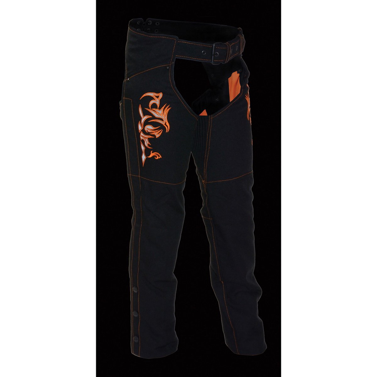 SH1182 Women's Black with Orange Textile Motorcycle Riding Chaps with Tribal Embroidery