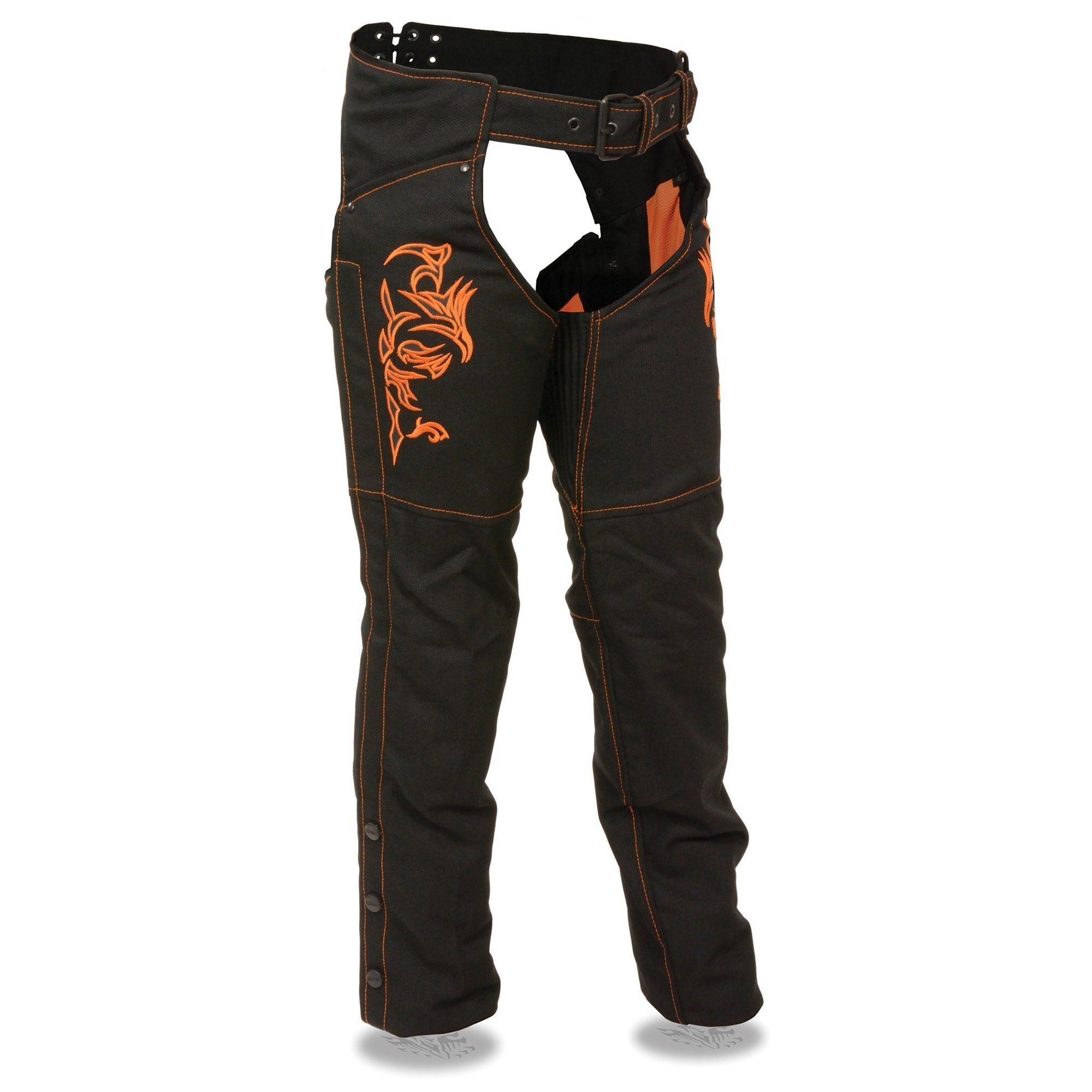 SH1182 Women's Black with Orange Textile Motorcycle Riding Chaps with Tribal Embroidery