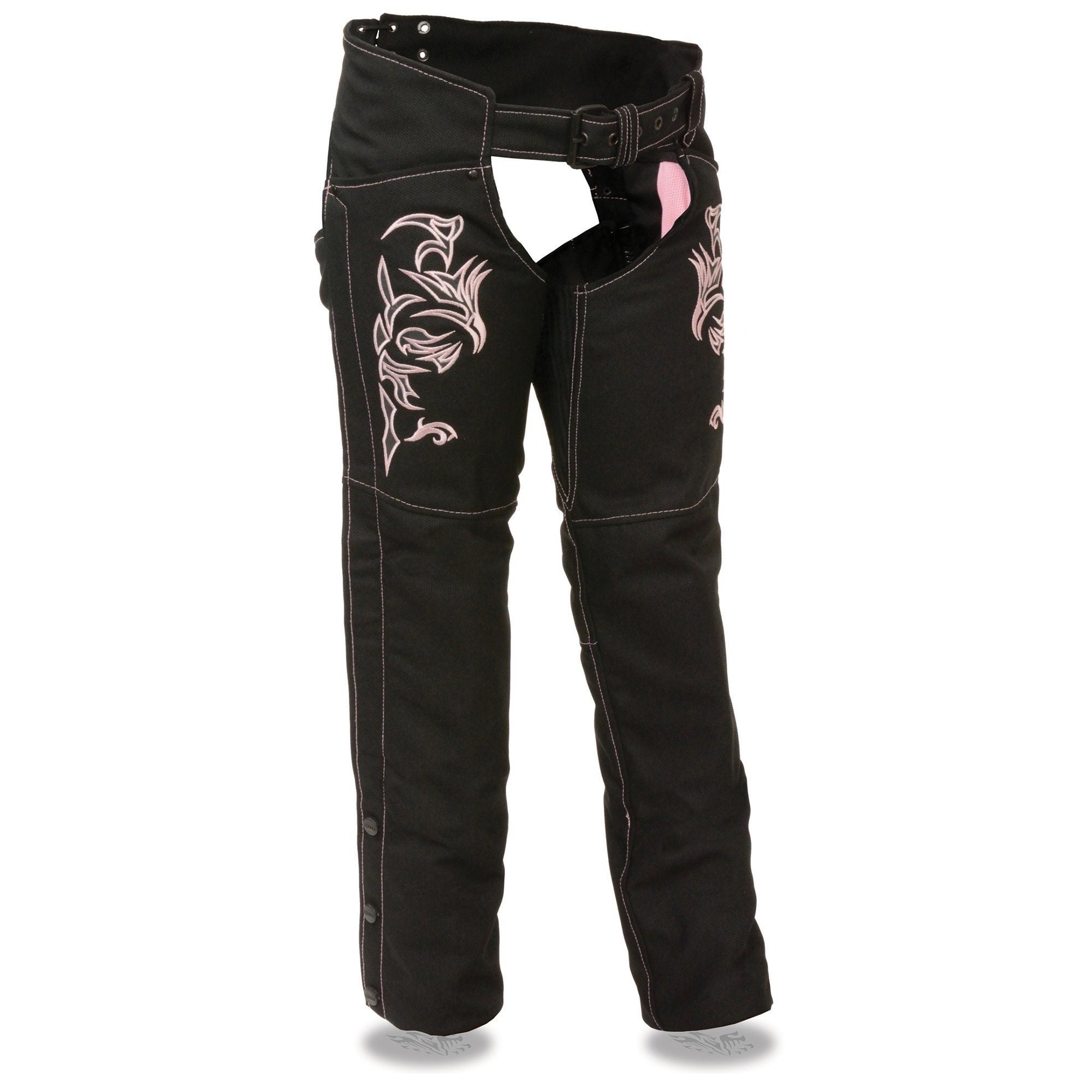 SH1182 Women's Black with Pink Textile Motorcycle Riding Chaps with Tribal Embroidery