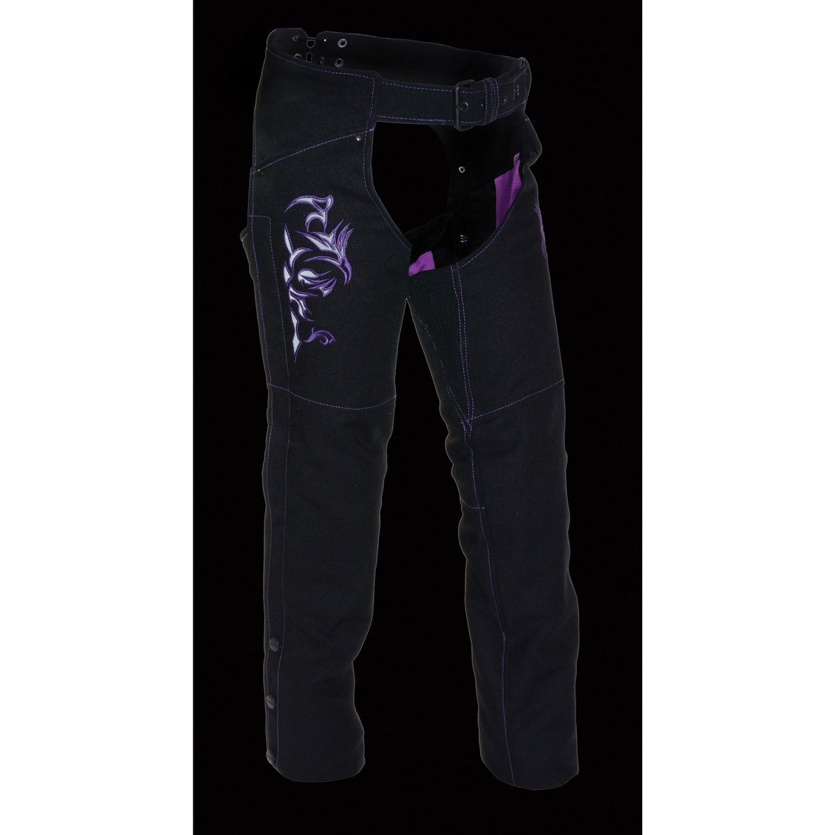 SH1182 Women's Black with Purple Textile Motorcycle Riding Chaps with Tribal Embroidery